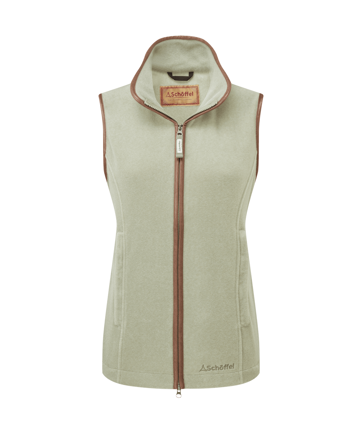 Lyndon fleece gilet sage green with tan zipper trim made of pale green fleece featuring schöffel