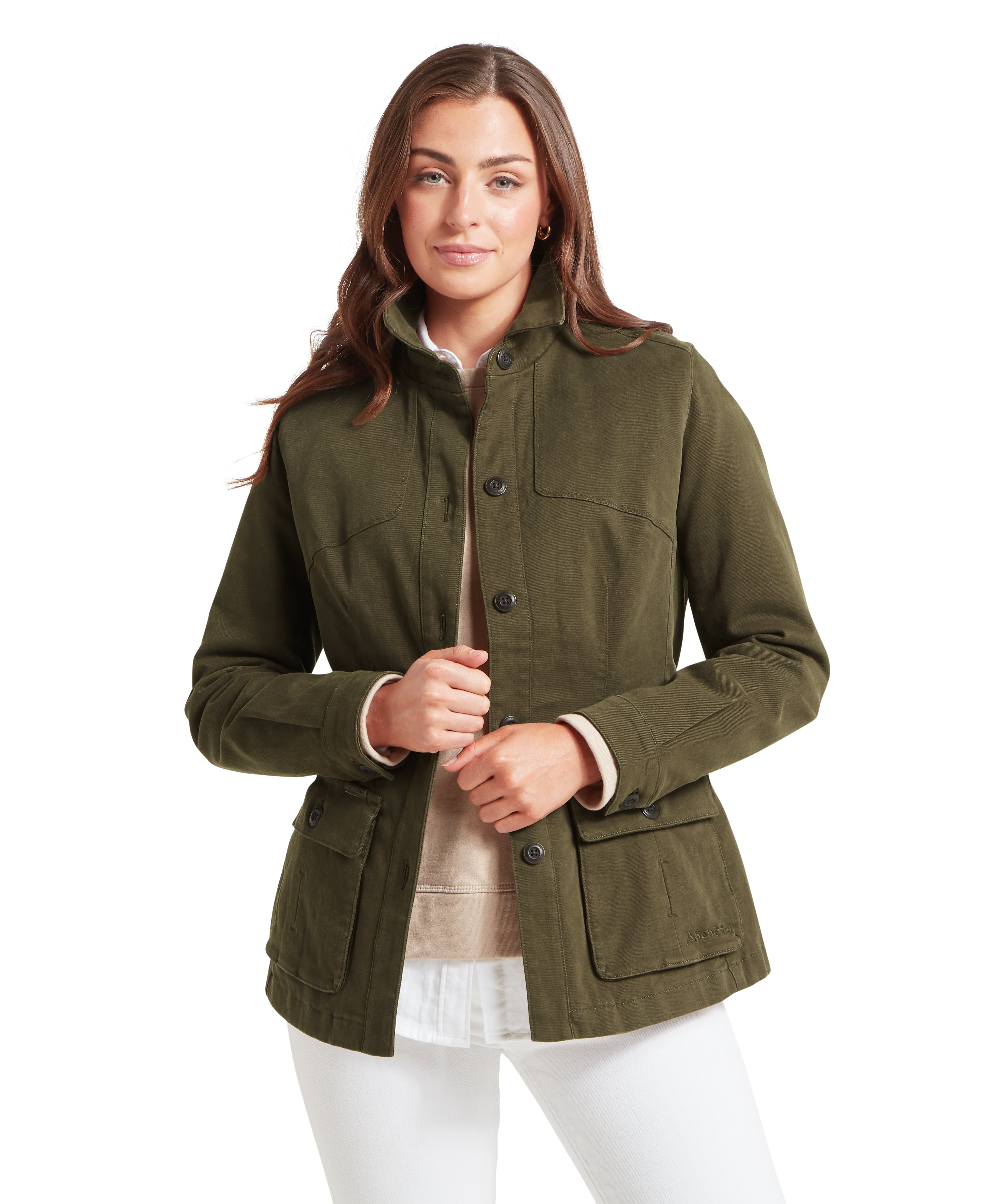 Olive green lynton utility jacket with button closures and flap pockets ideal for outdoor woodland