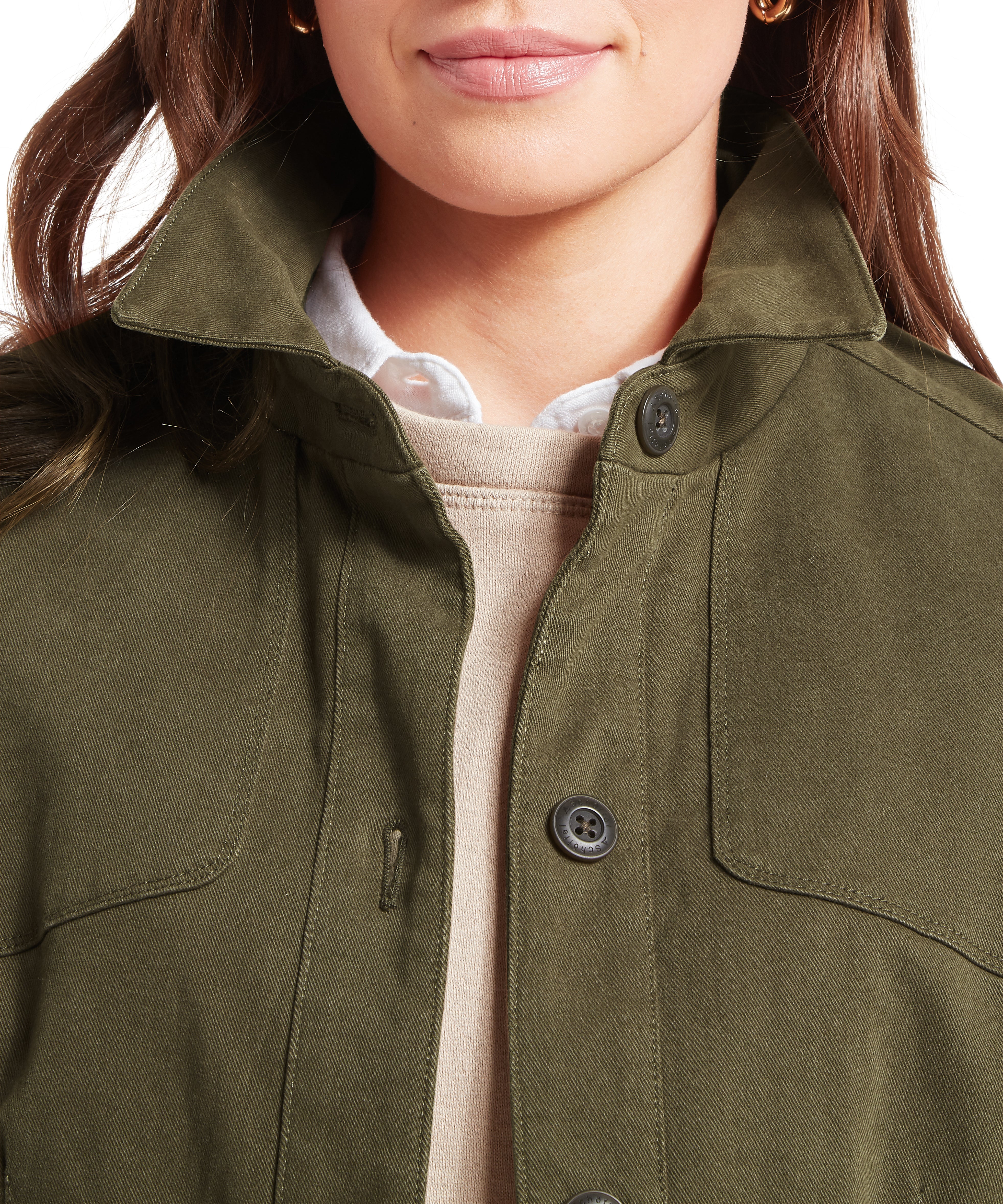 Olive green cotton lynton utility jacket with structured collar and dark buttons woodland style