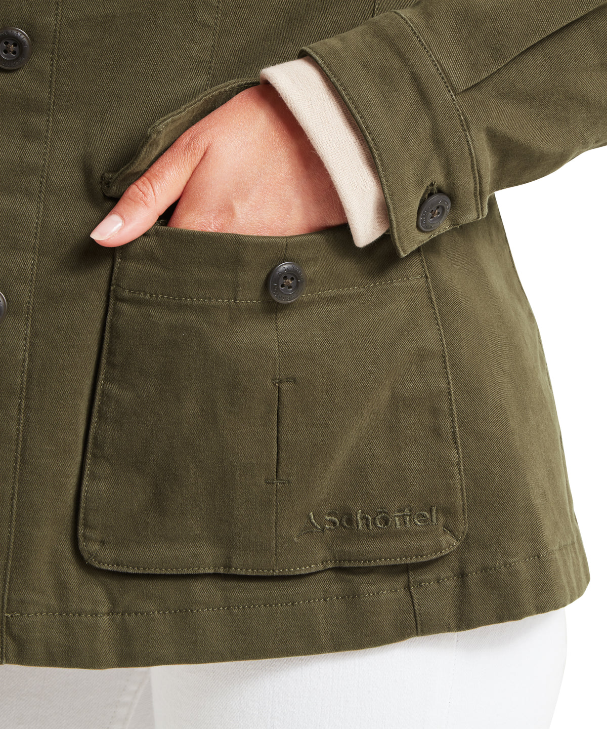 Olive green cotton lynton utility jacket with buttoned flap pockets and subtle embroidered brand