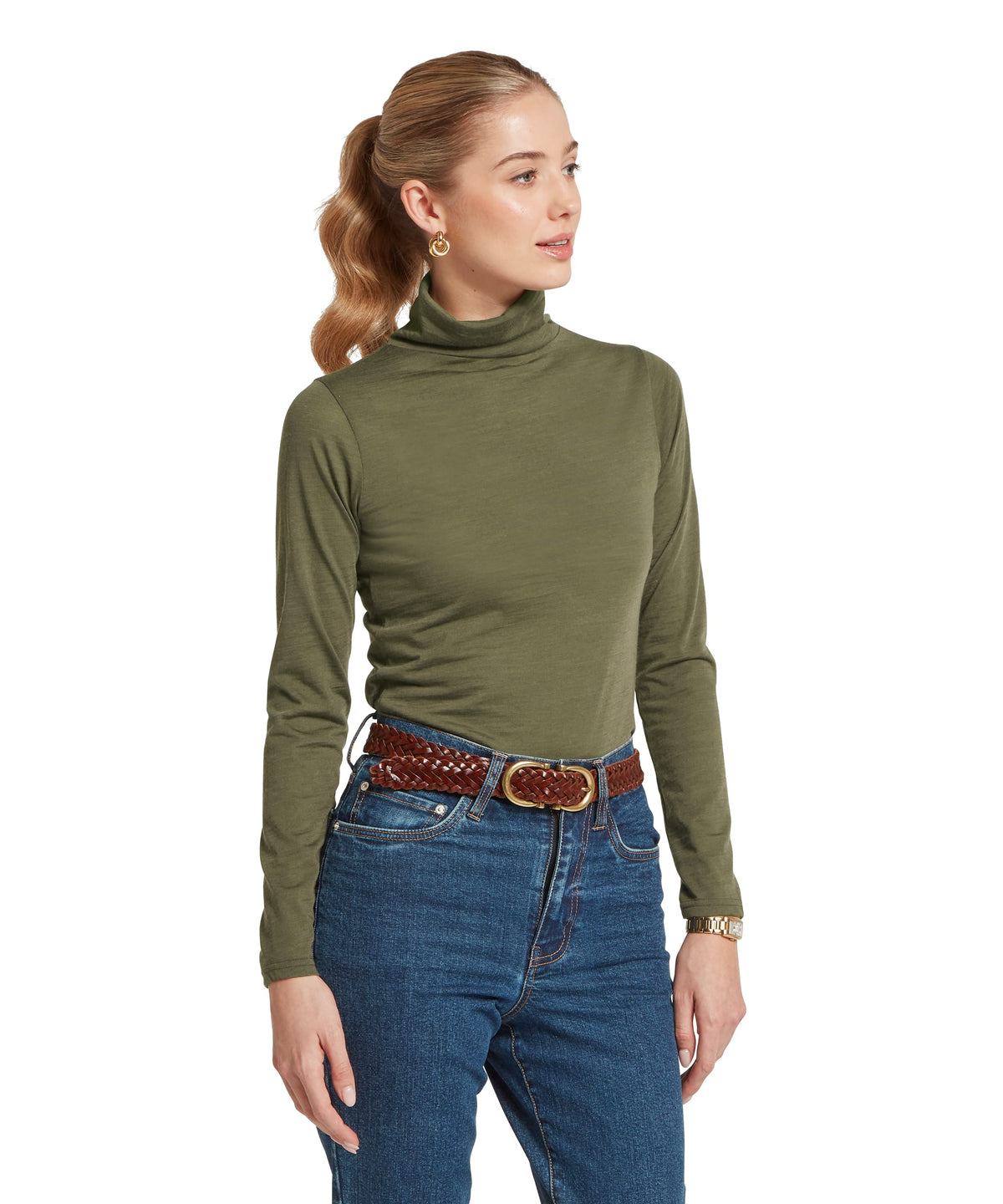 Olive green long-sleeved turtleneck malton merino top made from dark khaki green merino wool