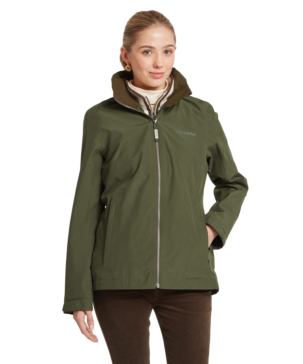 Olive green waterproof manton lightweight jacket with hood and silver zipper for woodland use