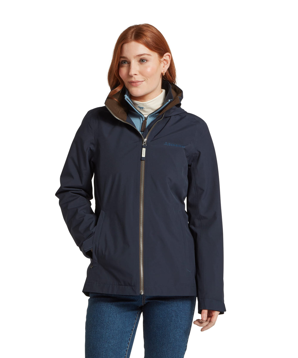 Schöffel's Manton Lightweight Jacket in Blue, on model, silver zipper pull