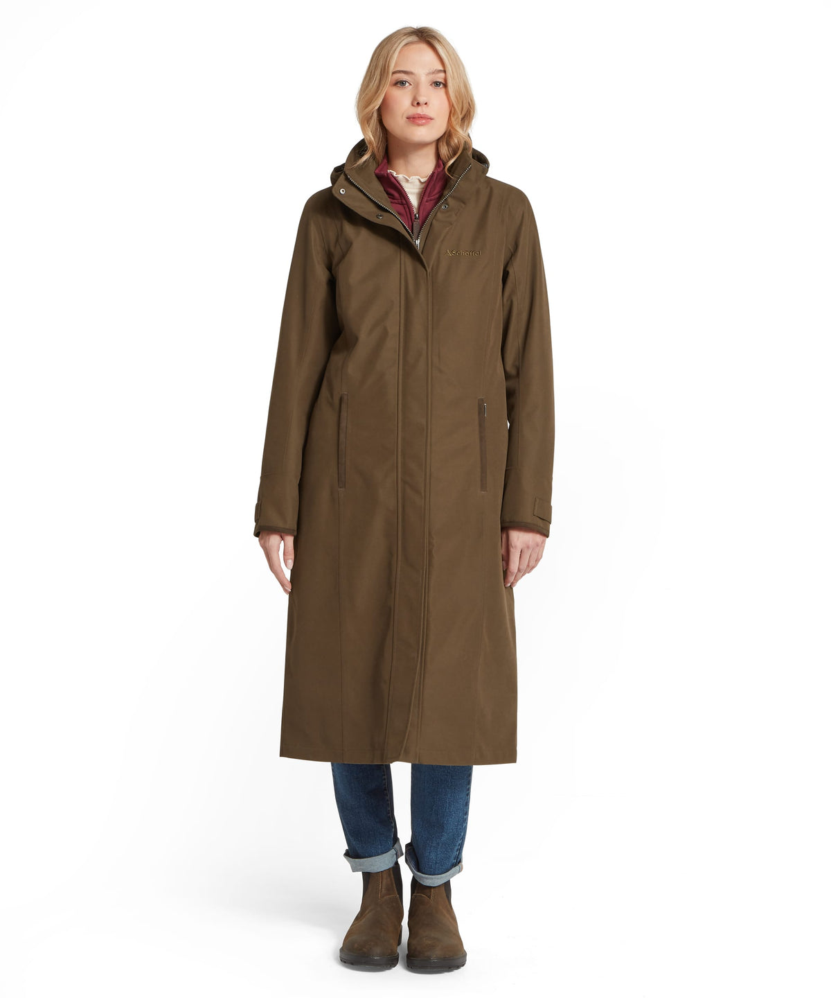 Olive green marefield waterproof trench coat with hood and front zipper designed for rainy weather