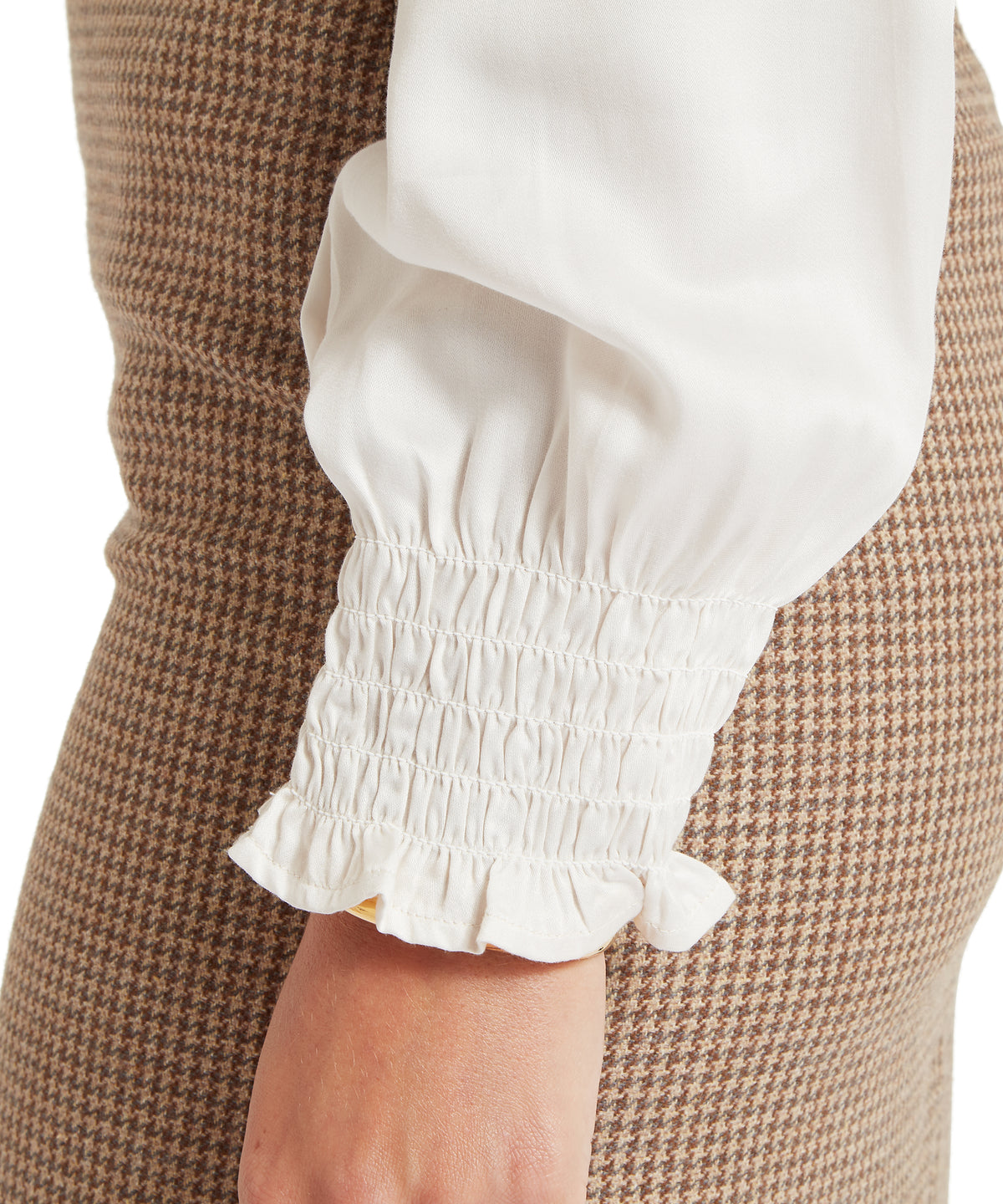 White satin melford blouse sleeve in dove color with gathered ruffled cuff detail