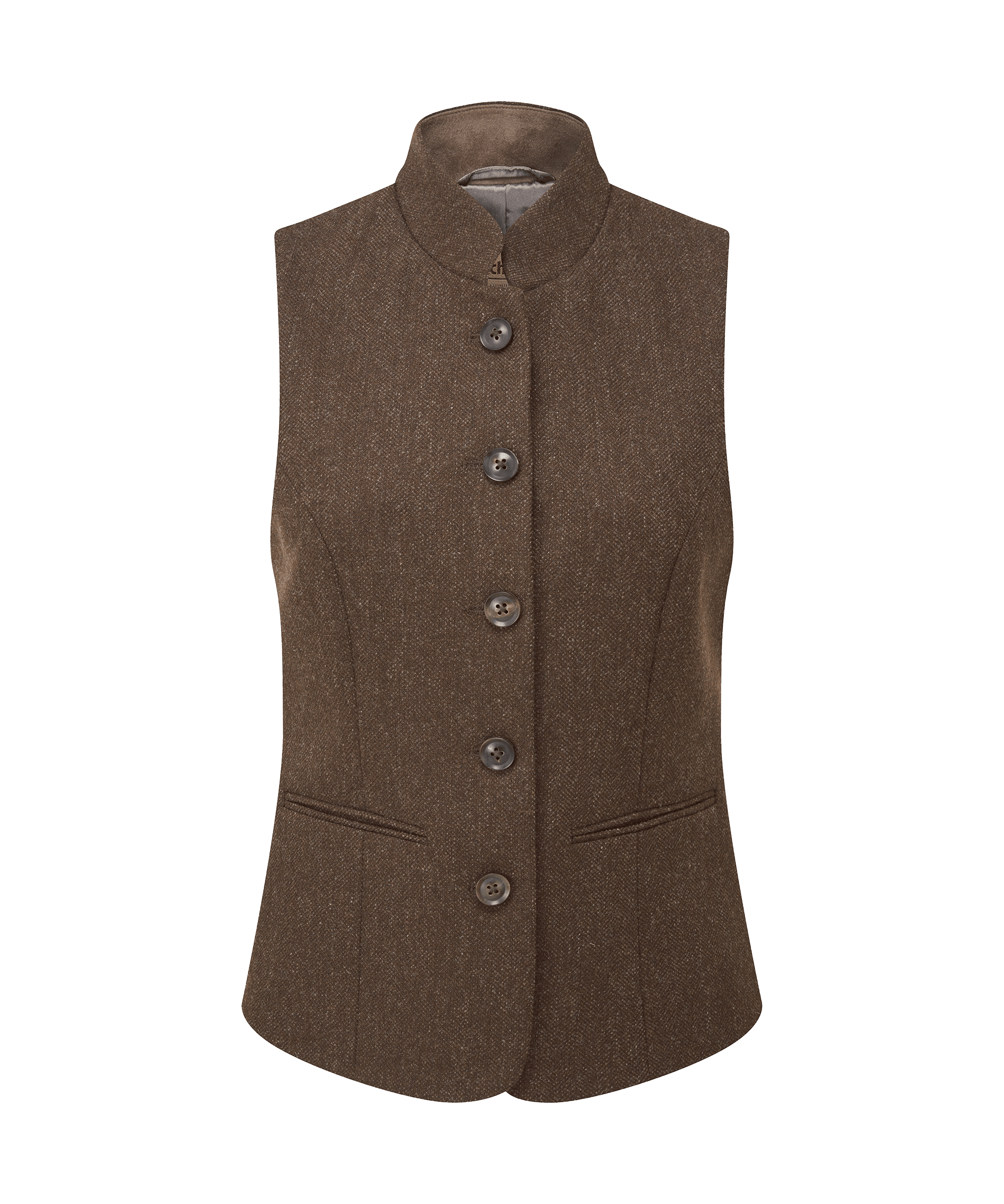 Schoffel brown tweed gilet with buttons on a white background
