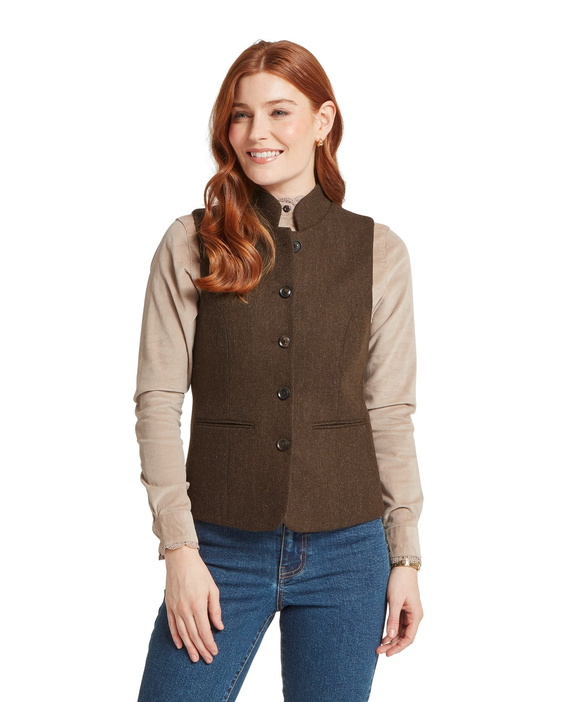 Brown textured wool millport tweed nehru waistcoat with stand-up collar and front button closure