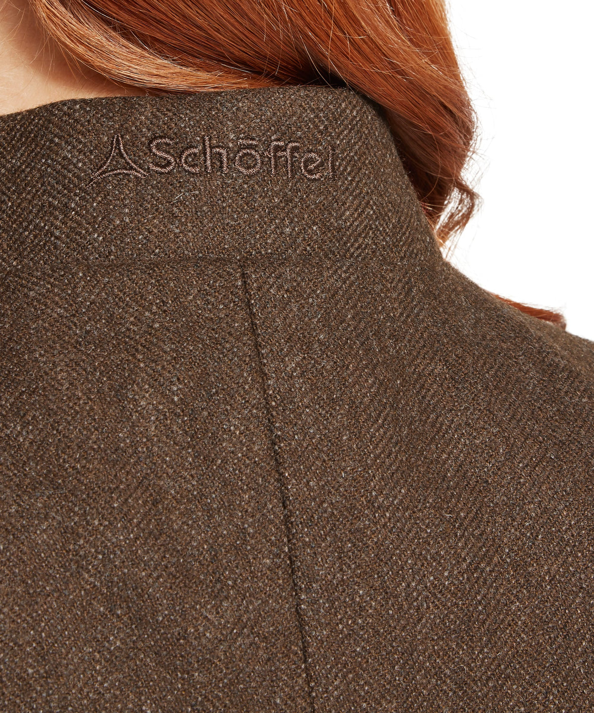 Brown herringbone wool blazer with subtle sheen and schoeffel logo embroidered at collar