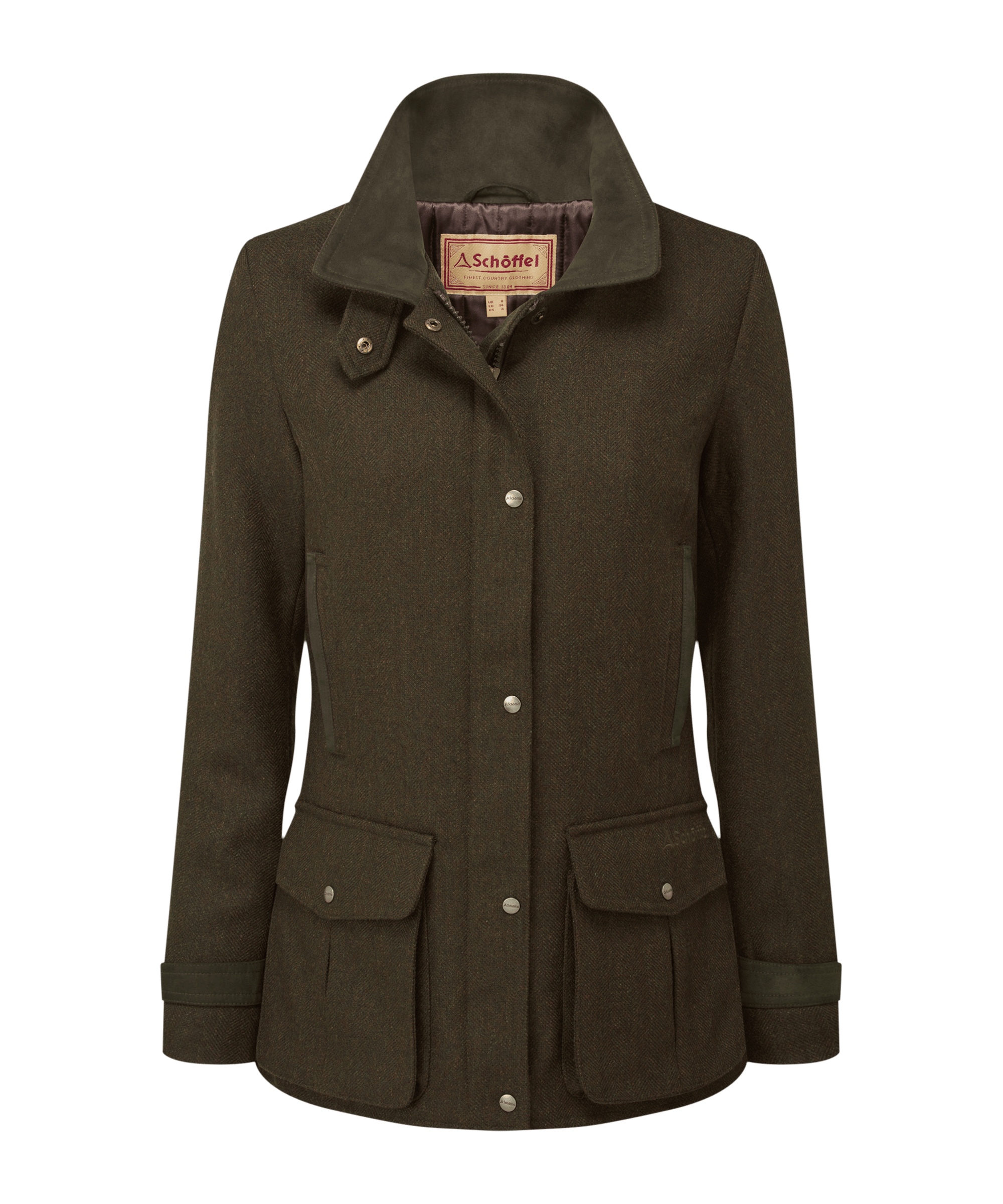Schöffel Women's Murra Tweed Coat in Green — structured herringbone tweed field coat in mossy olive green with large patch pockets, press-stud fastening and suede-trim collar, a quintessential British country coat