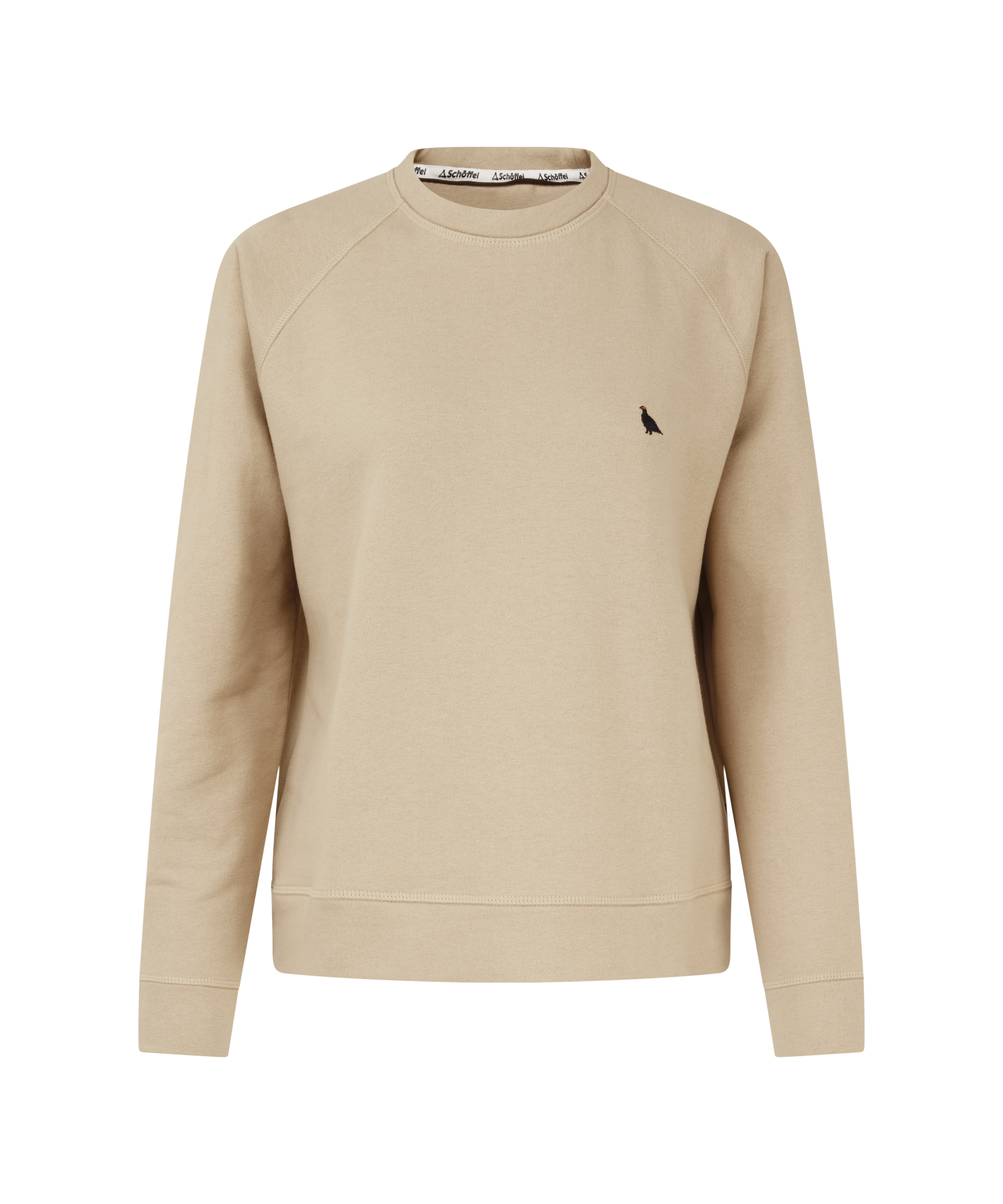 Beige sweatshirt with a small navy ptarmigan logo on a white background
