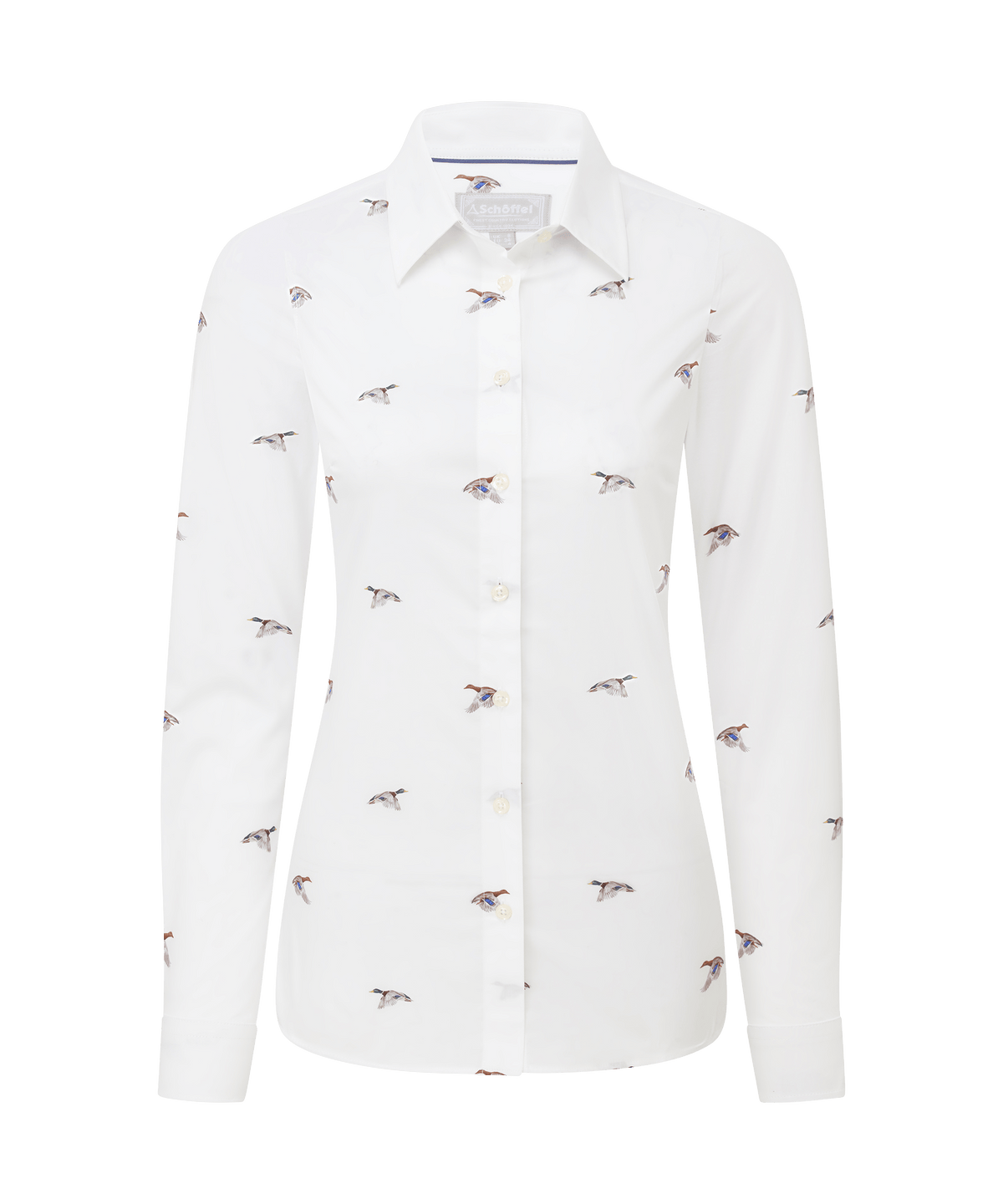 White button-down norfolk shirt with subtle embroidered painted mallard birds in flight pattern