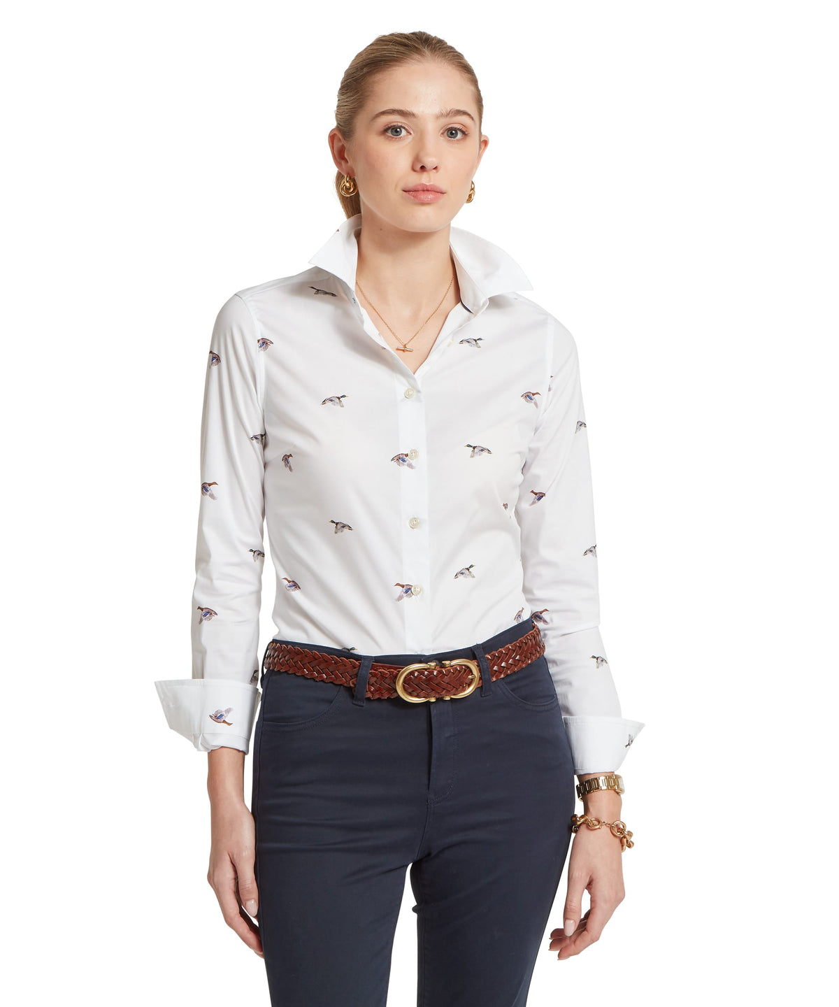 White button-down norfolk shirt with subtle painted mallard bird embroidery on soft cotton fabric