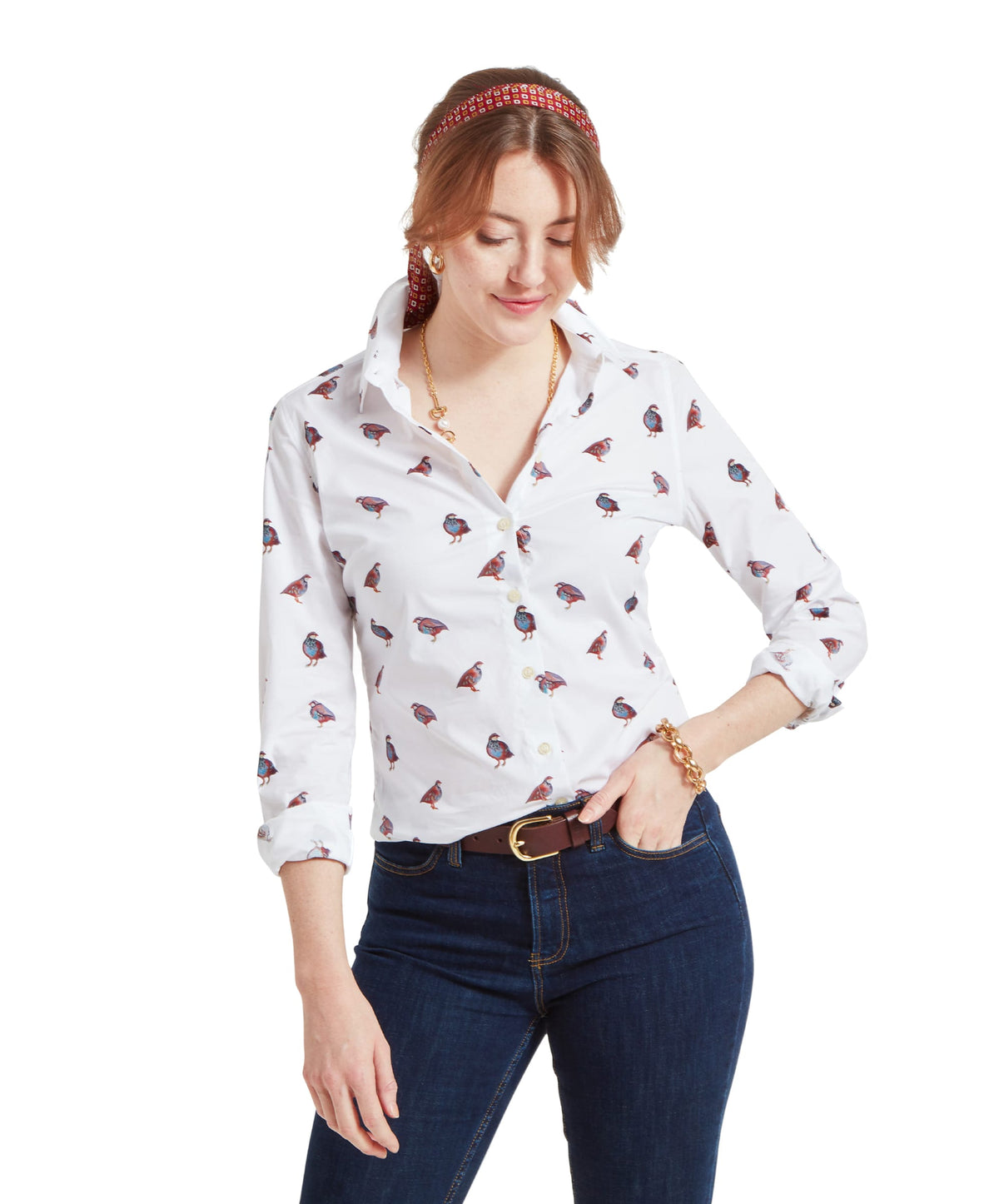 White button-up Norfolk shirt featuring a repeating pattern of small colorful French partridge