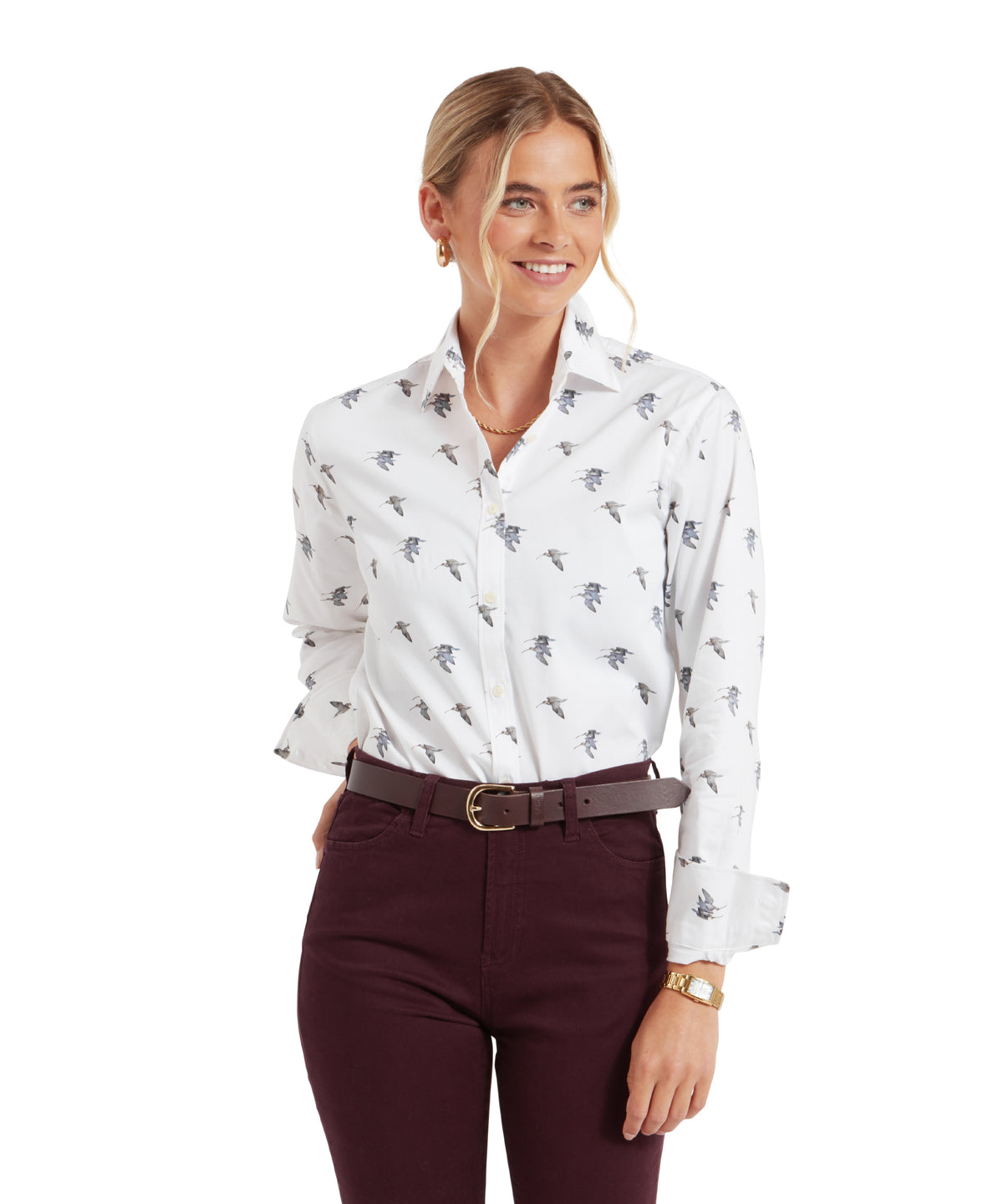 Owen Williams shirt with white button-down design and subtle gray curlew bird pattern