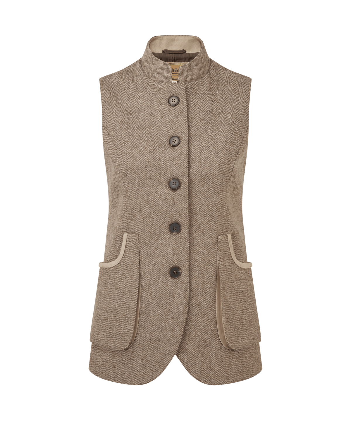 Beige herringbone wool vest with dark brown buttons and cream pocket trim from Pennan Tweed