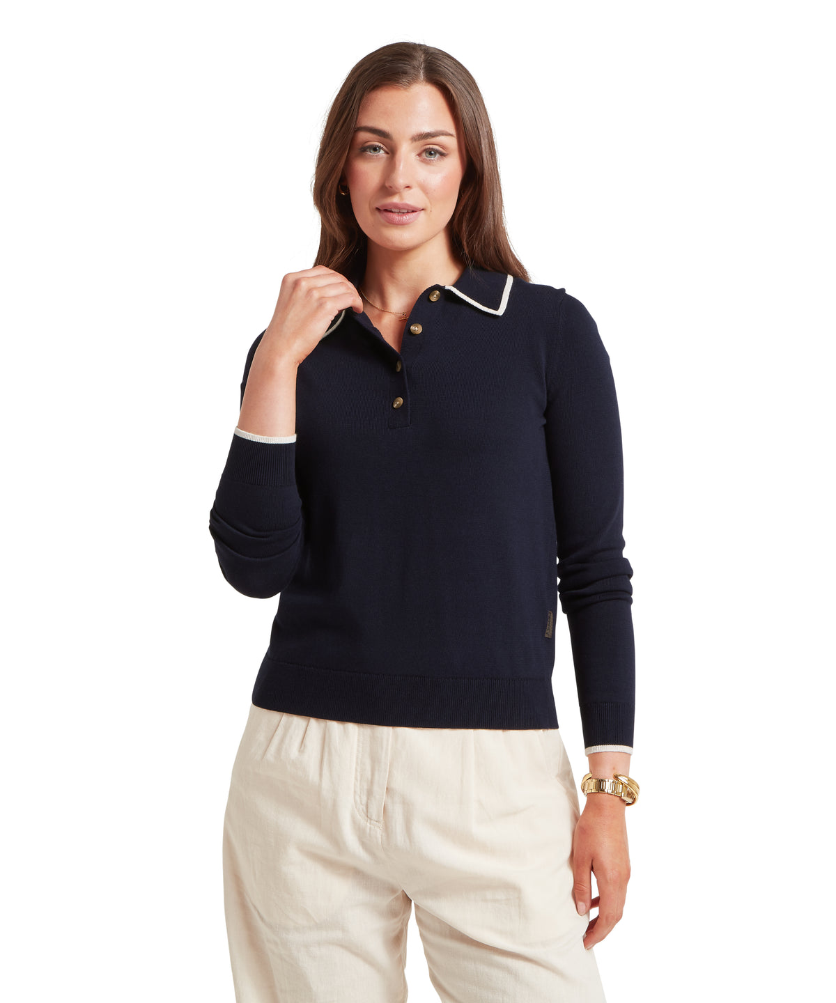 Navy blue knit polo sweater with white trim on collar and cuffs portloe jumper navy dove style