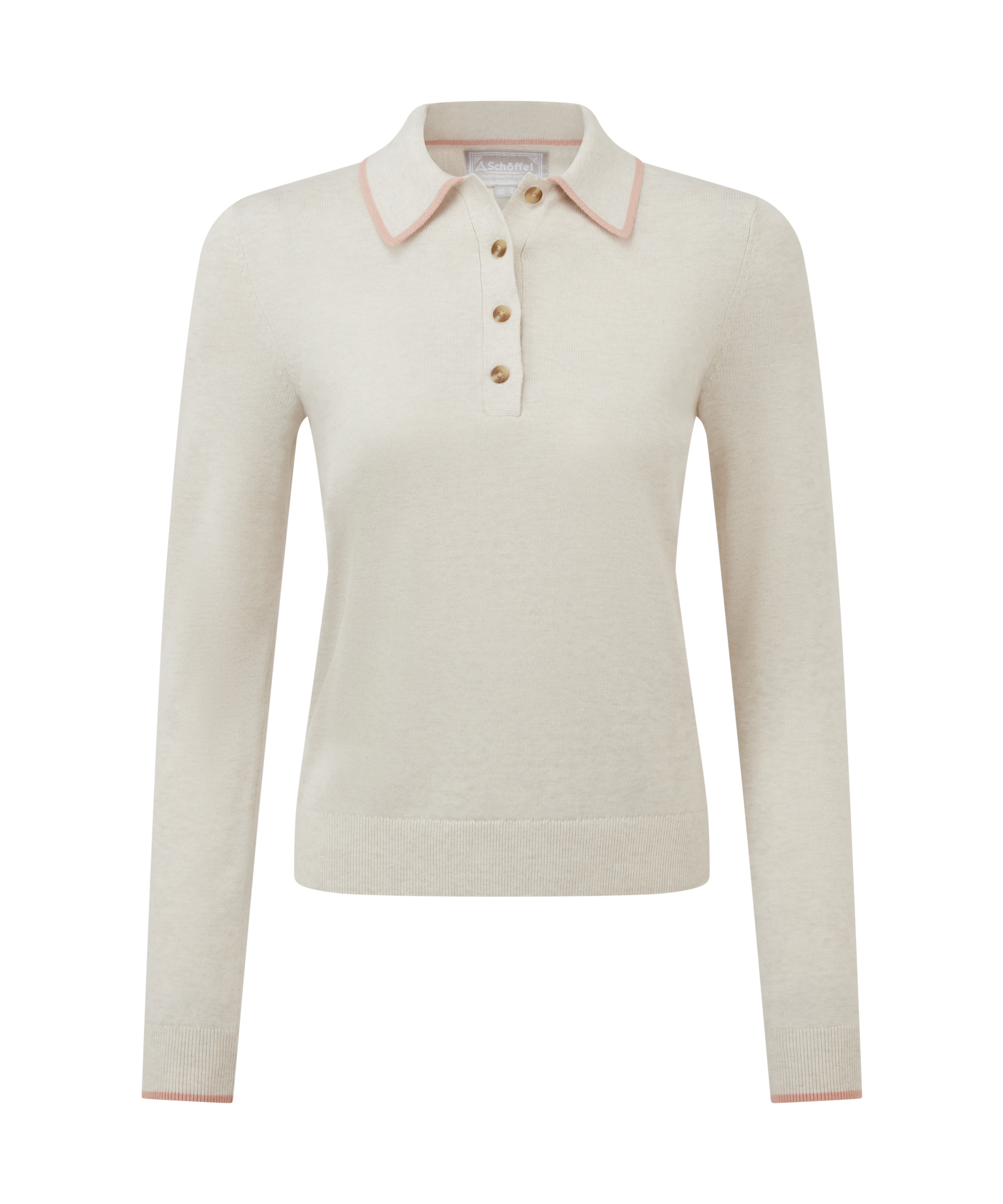 Cream-colored long-sleeved jumper with a collared neckline, four-button placket, and subtle pink trim on the collar and cuffs. Features ribbed hem and cuffs, displayed against a transparent background.