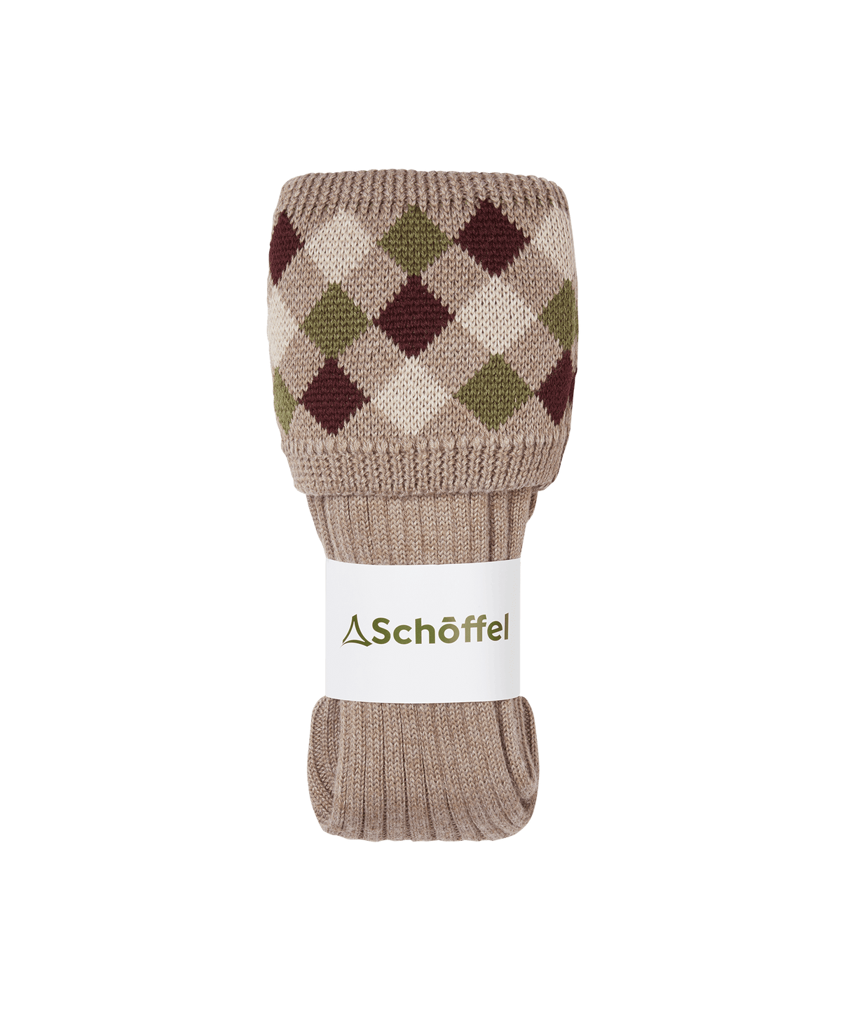 Women’s ptarmigan socks stone beige knitted with brown olive diamond pattern and schoffel brand