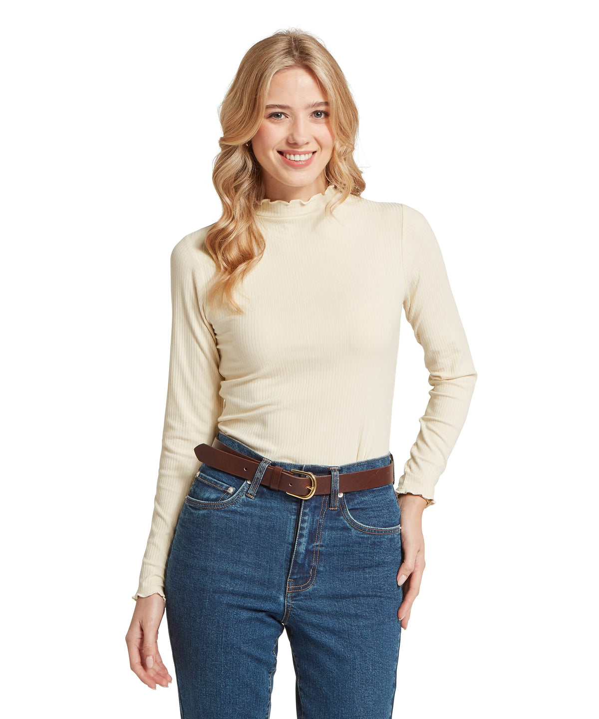 Cream-colored ribbed long-sleeve Roseberry top in oat with a high scalloped neckline perfect