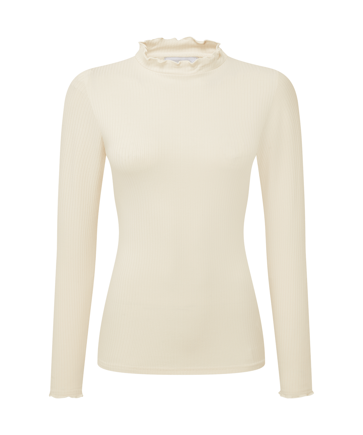 Cream-colored long-sleeved roseberry top oat with ruffled high neckline ideal for elegant casual