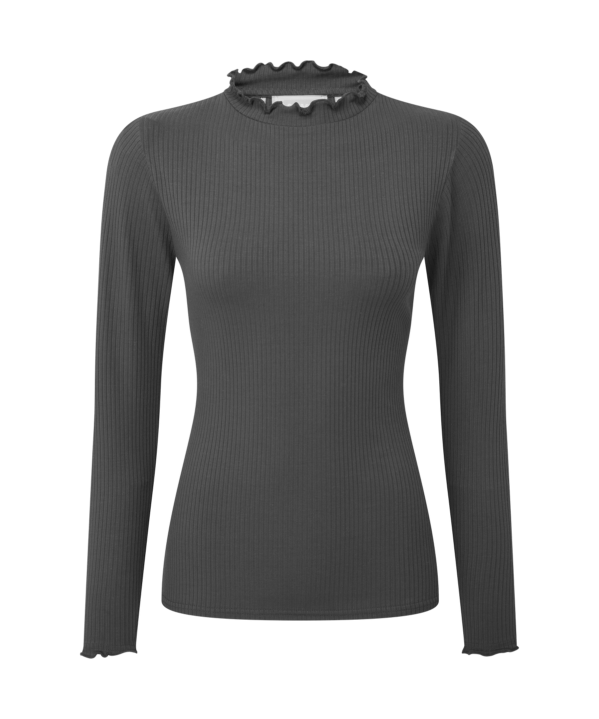 Dark gray ribbed knit long sleeve roseberry top with ruffled high neckline in charcoal color
