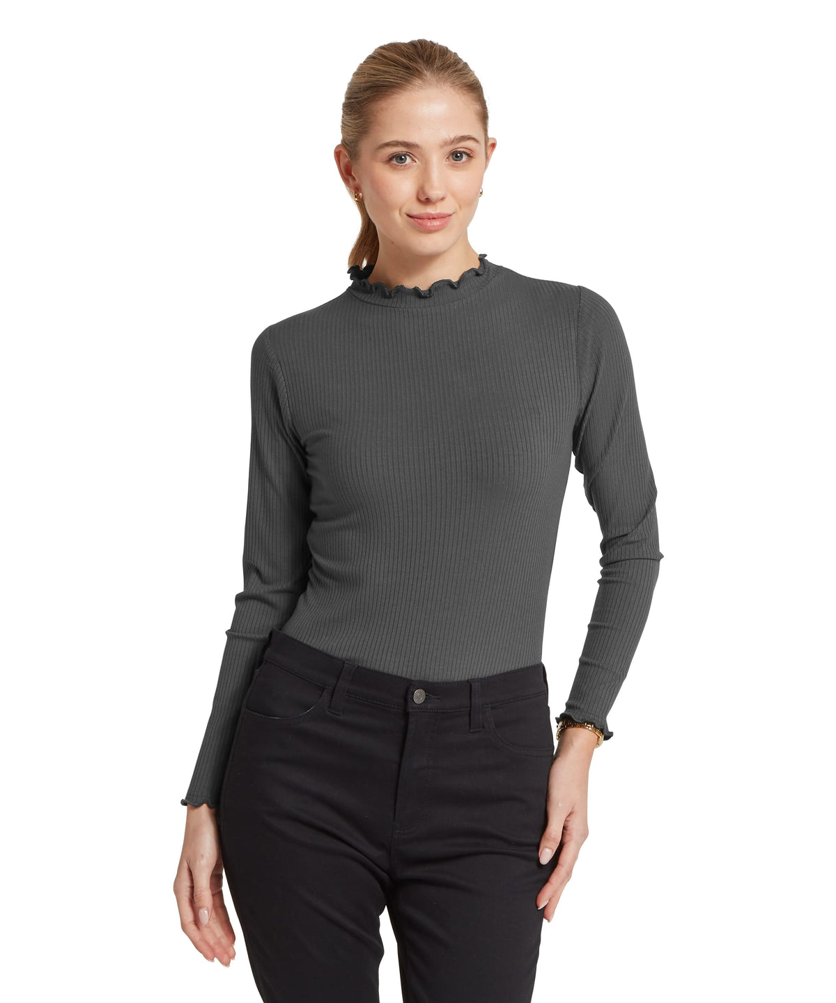 Dark gray ribbed long-sleeve roseberry top with ruffled neckline and cuffs in charcoal color