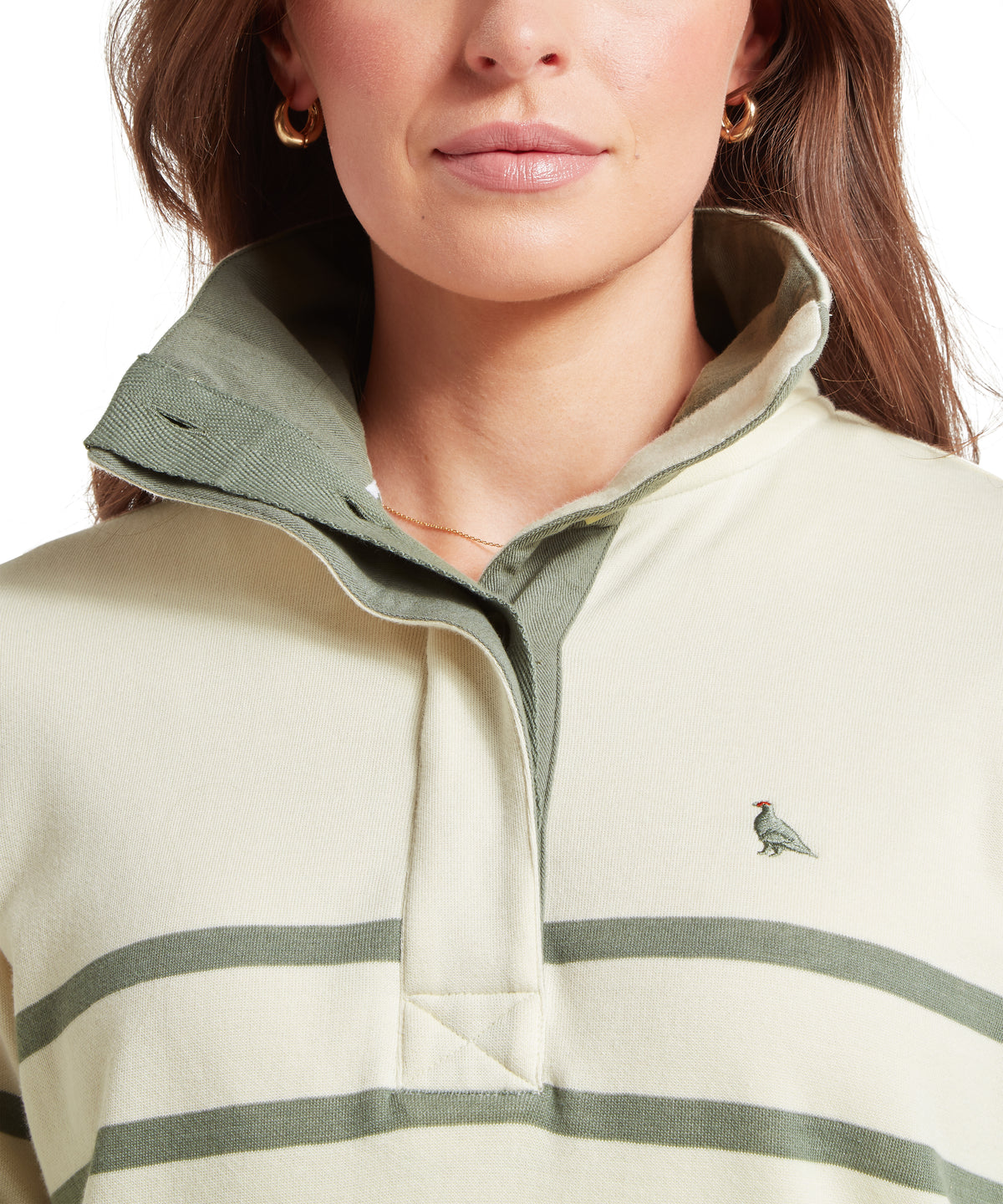 Model wearing the Schöffel Sandown Sweatshirt in Green, placket, matching collar
