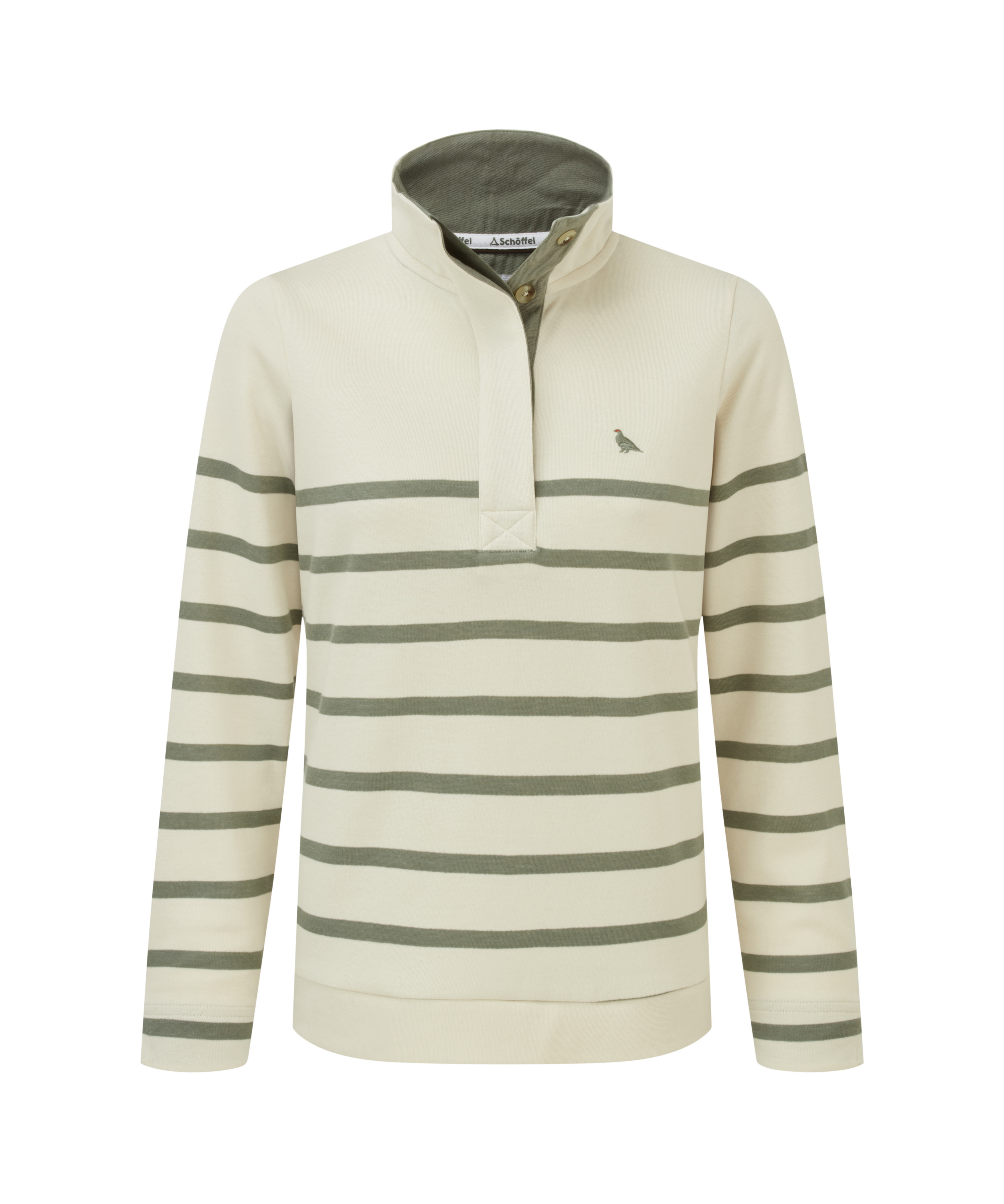 Cream and green striped sweatshirt against a white background
