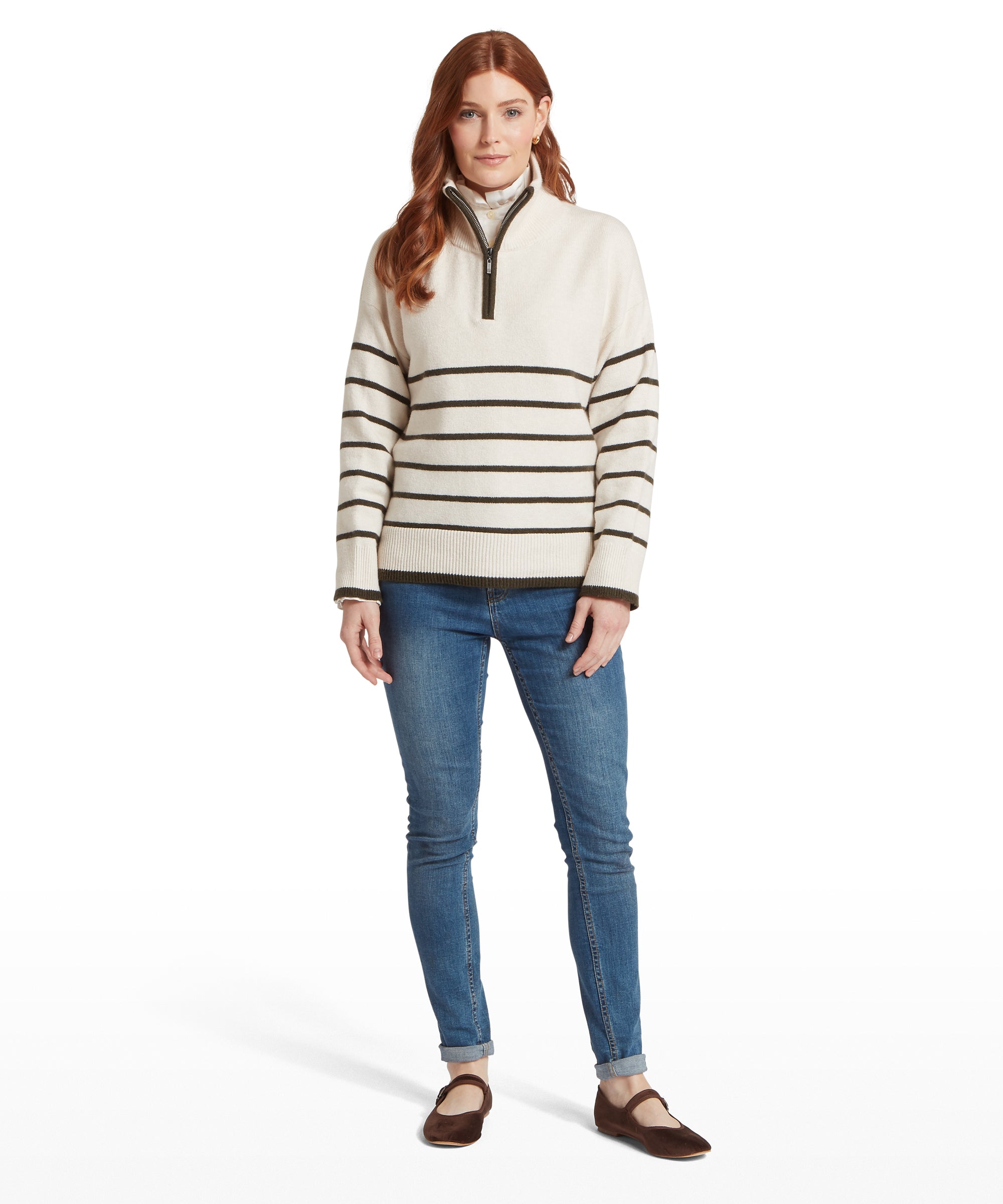 Sandsend Quarter Zip Jumper - Soft White/Loden