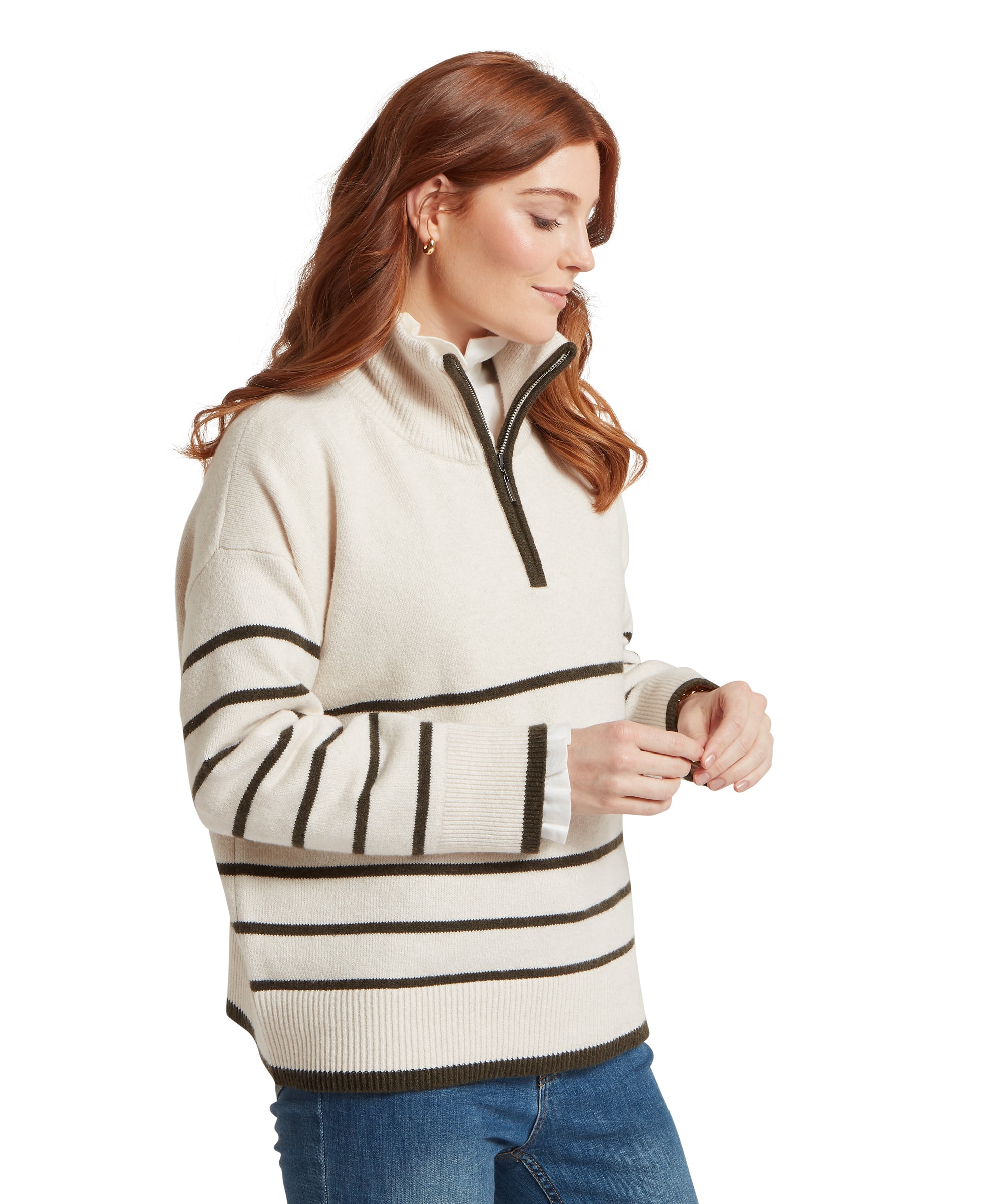 Sandsend Quarter Zip Jumper - Soft White/Loden