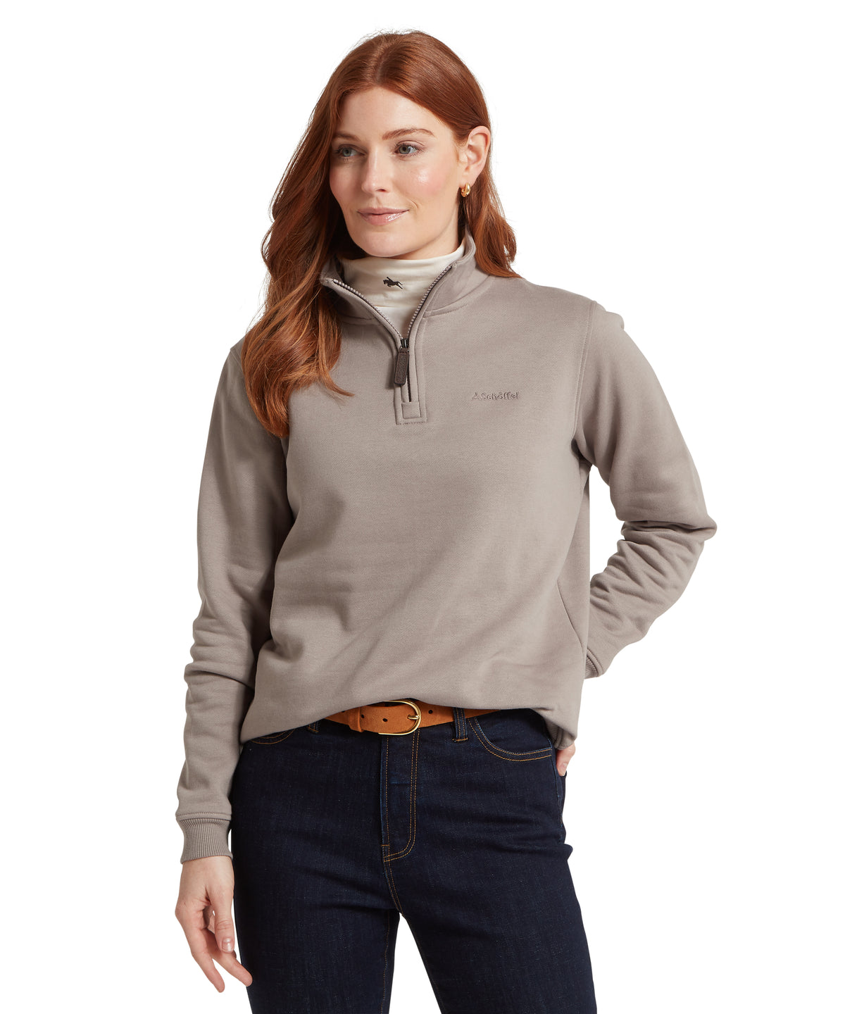 Sennen Cove sweatshirt in mushroom taupe long-sleeved quarter-zip pullover with subtle chest
