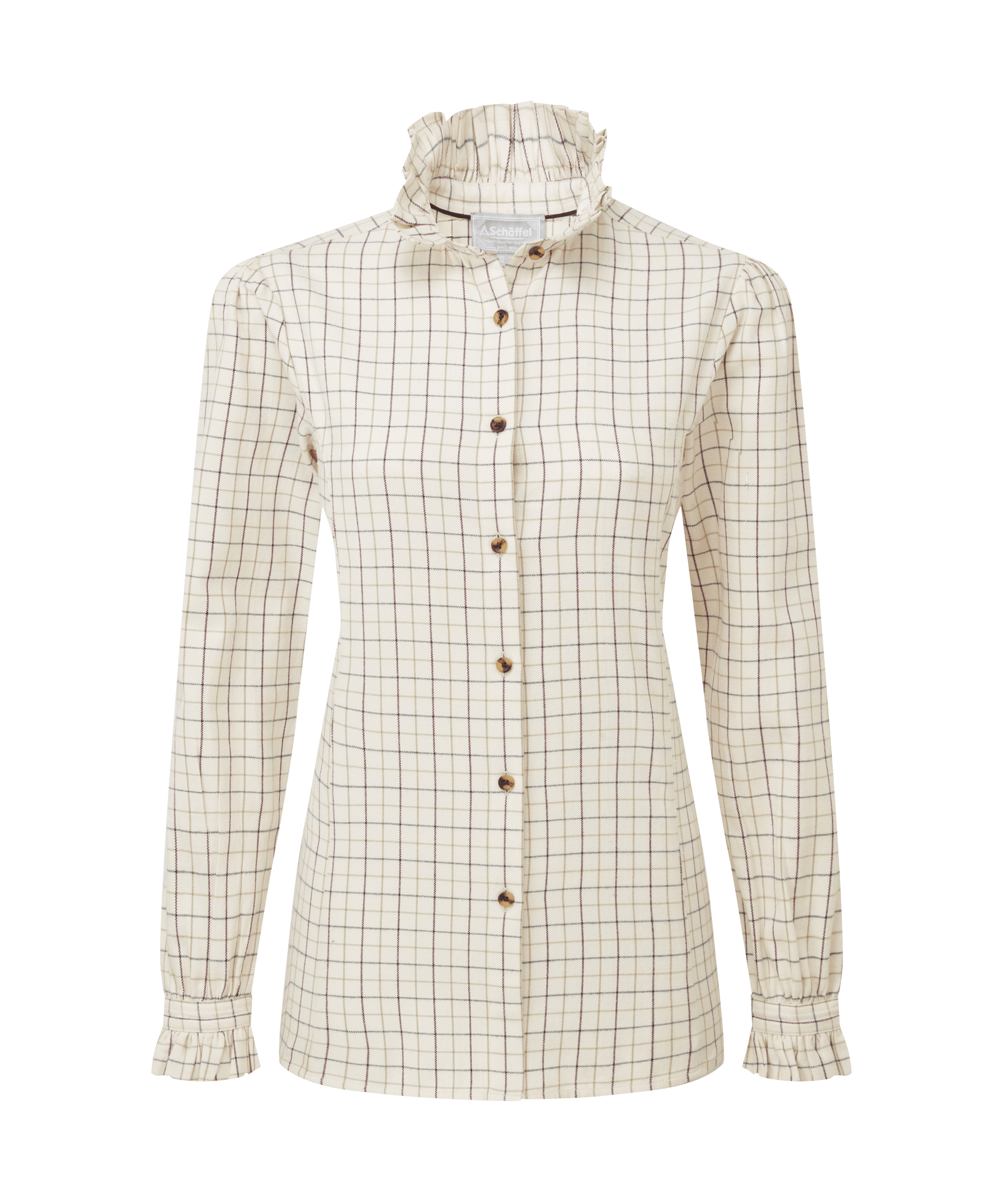 Plaid shirt with buttons and a pie crust collar on a white background