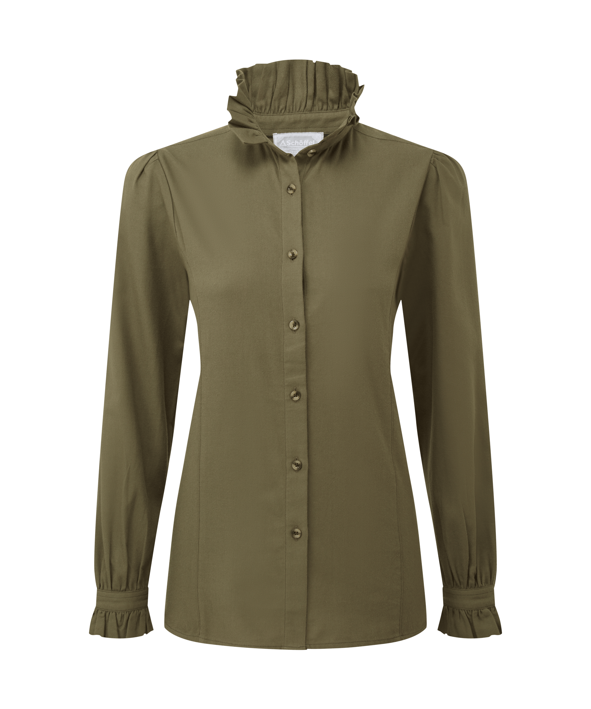 Dark green schoffel shirt with a pastry cut collar on a white background