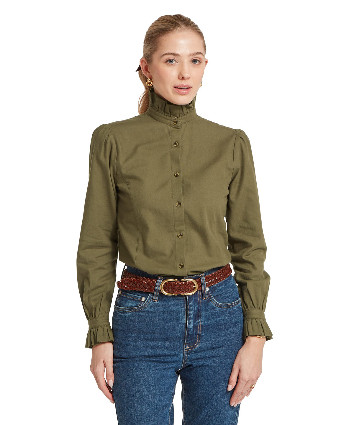 Olive green button-up blouse sheringham shirt with ruffled high collar and cuffs in dark khaki green