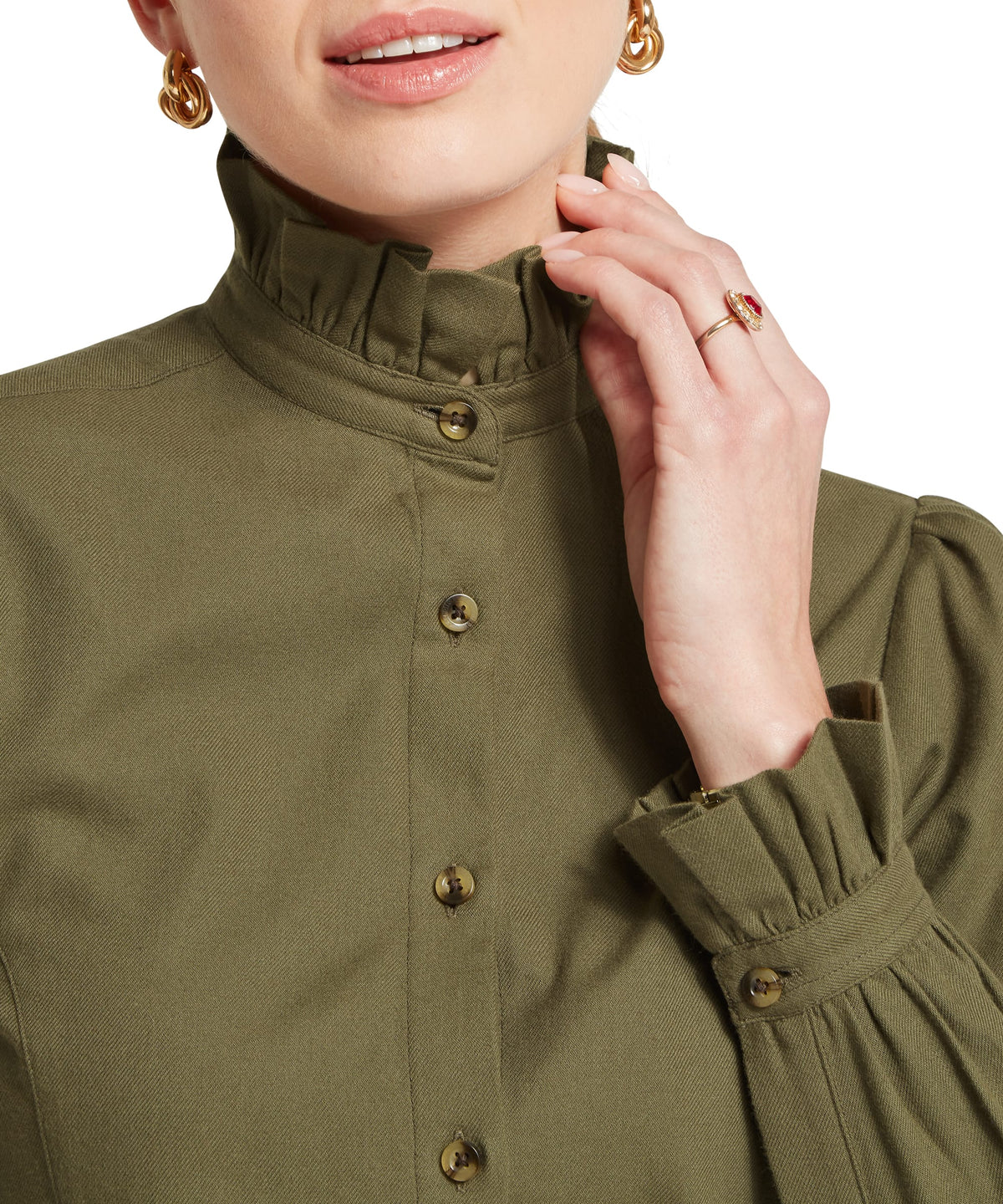 Olive green sheringham shirt button-up blouse with ruffled high collar and gathered cuffs in dark