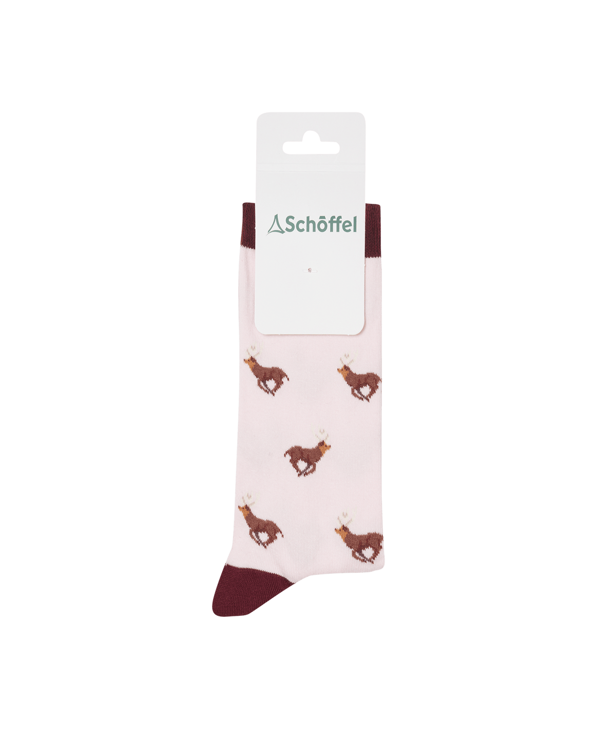 Women’s single cotton socks pink stag with brown reindeer pattern maroon toe cuff by schöffel