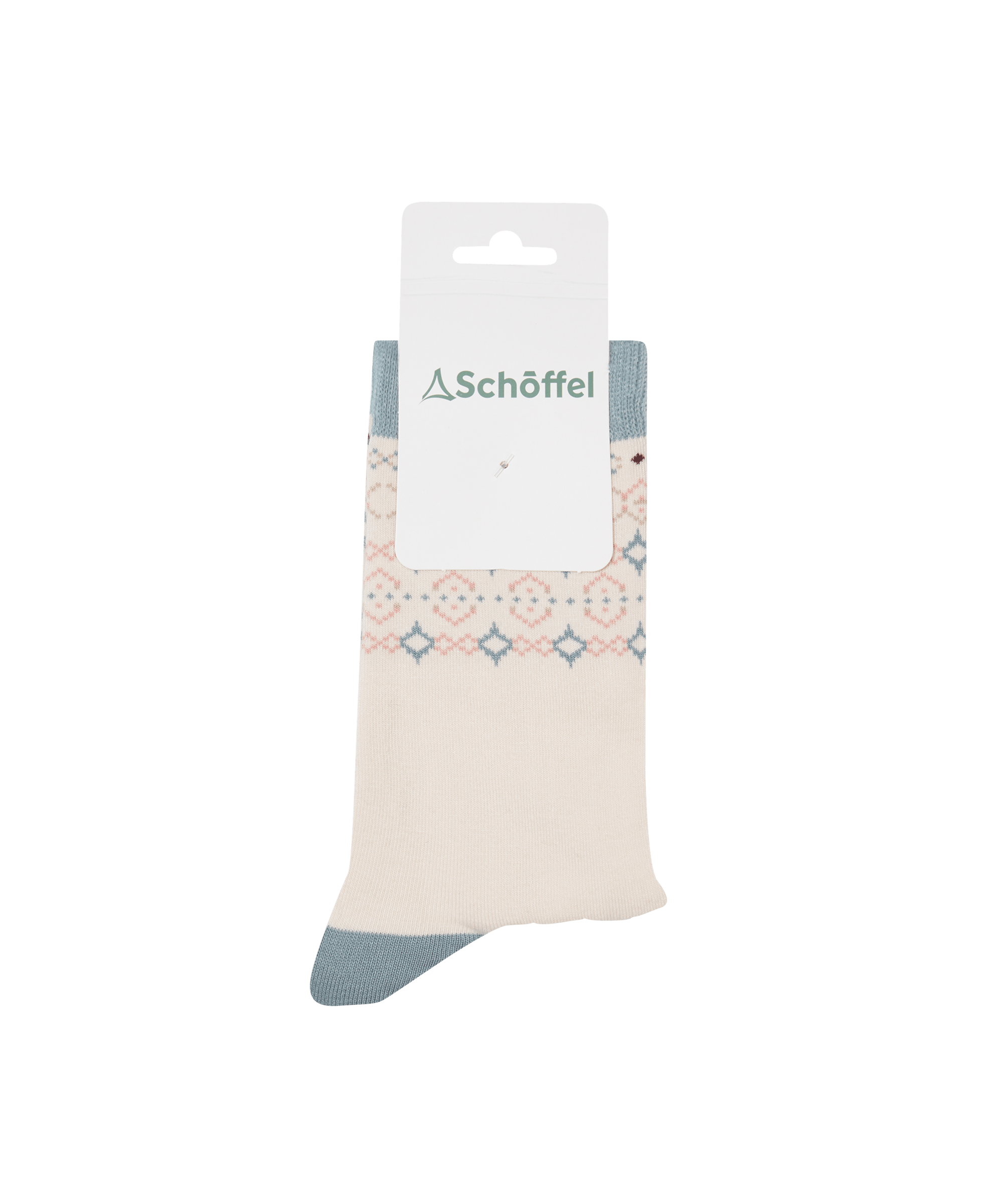 Women’s single cotton schoffel socks with cream base and pale stone fairisle geometric patterns