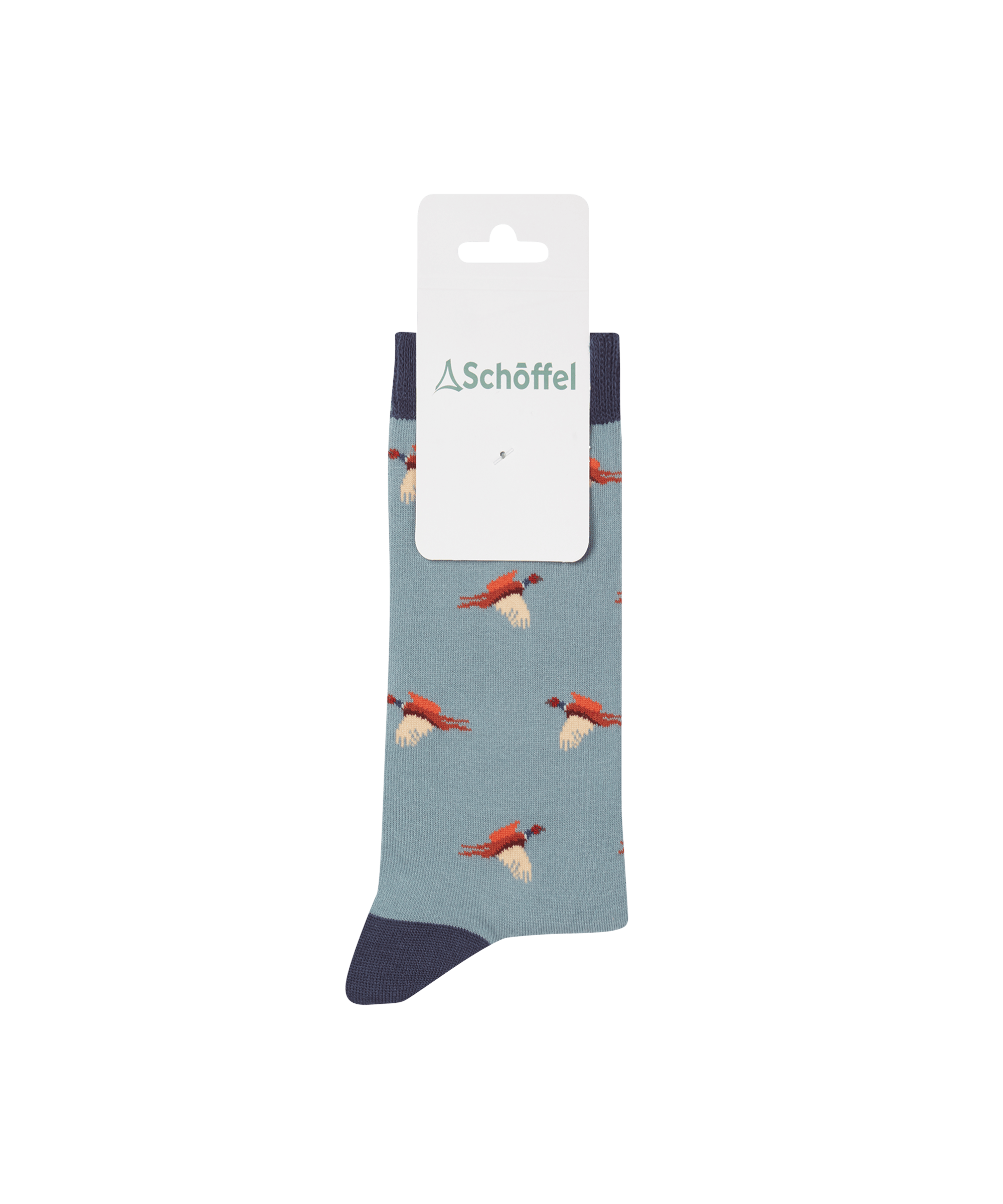 Women’s single cotton socks in sterling blue with orange and white flying pheasants and navy blue