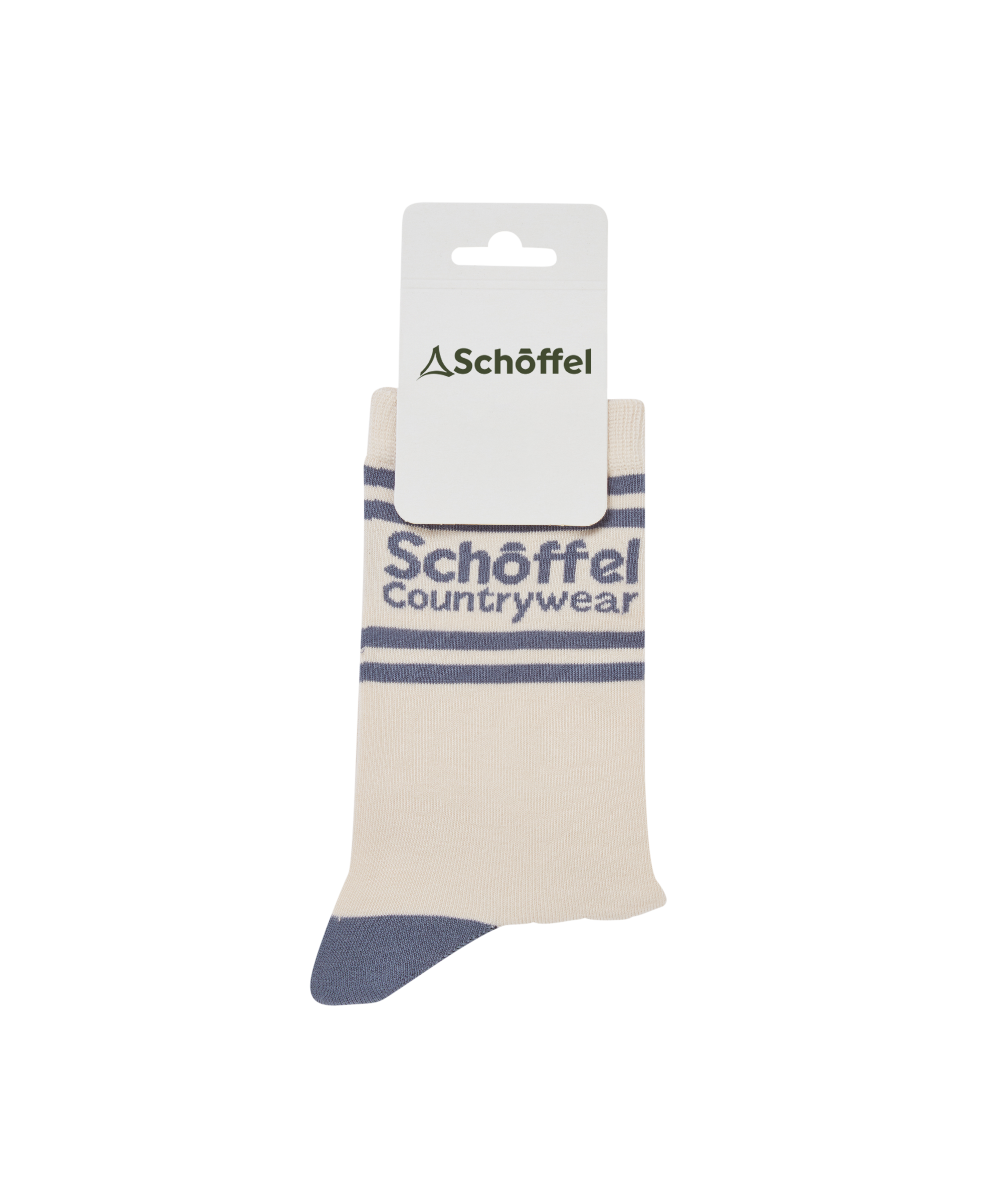 Beige sock with blue stripes and 'Schöffel Countrywear' branding on a white background