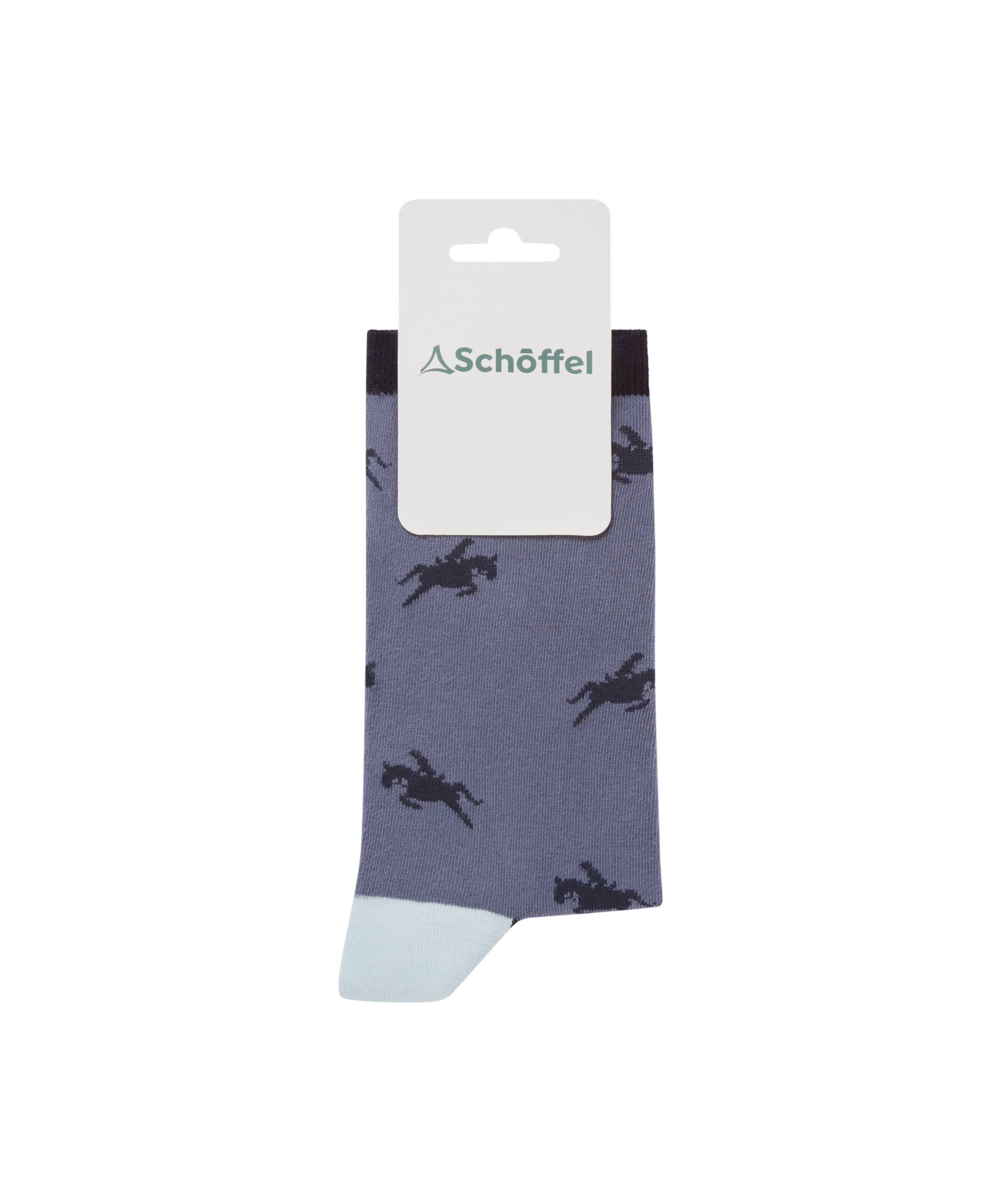 Grey sock with horse pattern and Schöffel label on a white background