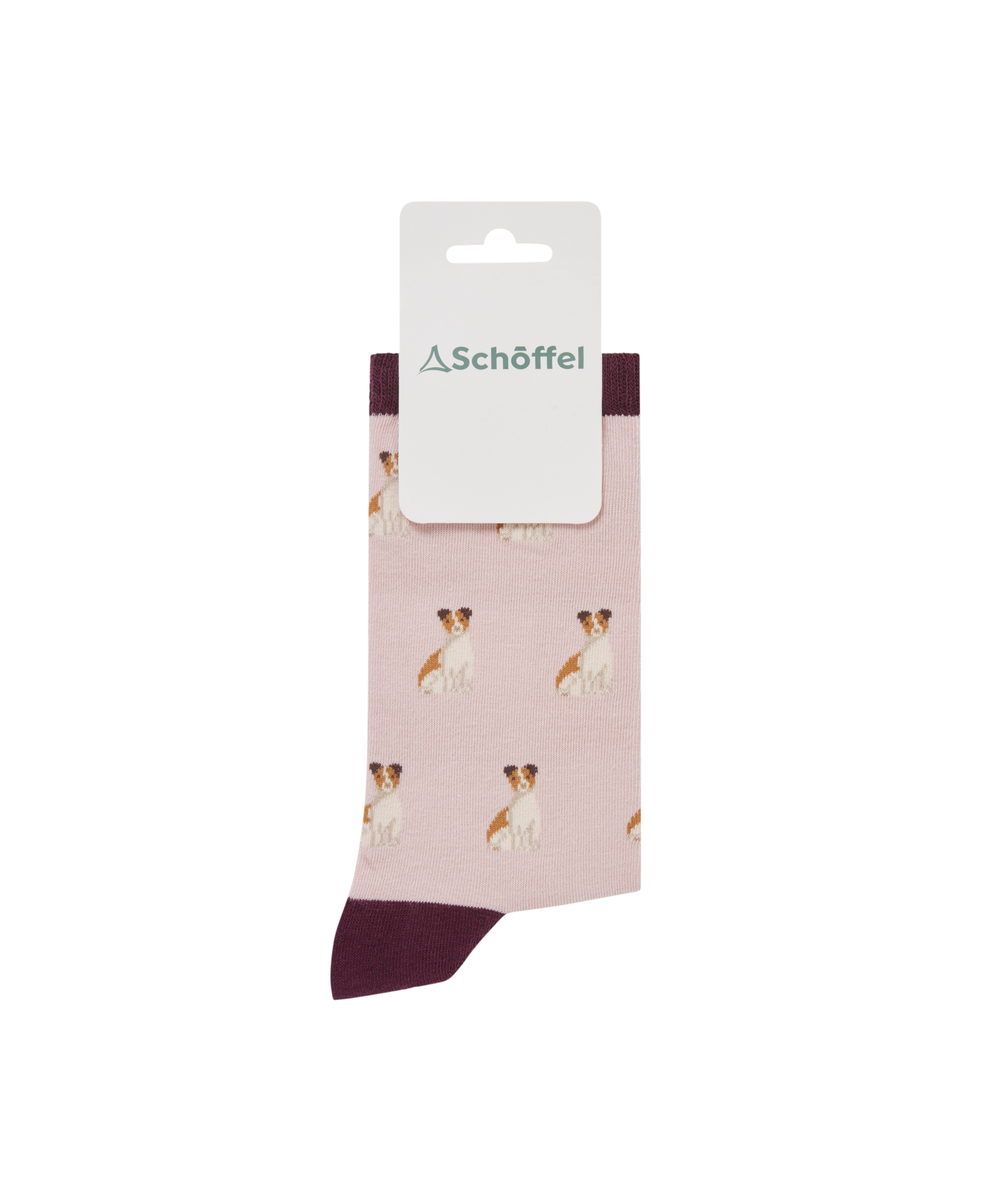 Packaged sock with dog pattern and Schöffel branding on a white background