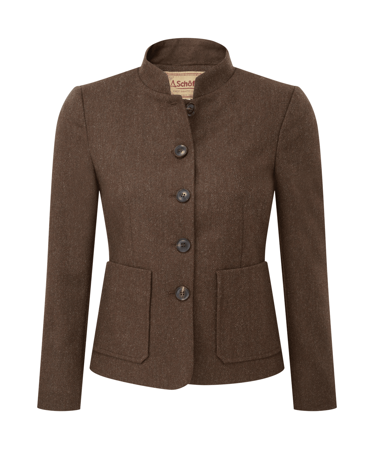 St abbs tweed blazer in chocolate herringbone wool with a textured finish stand-up collar