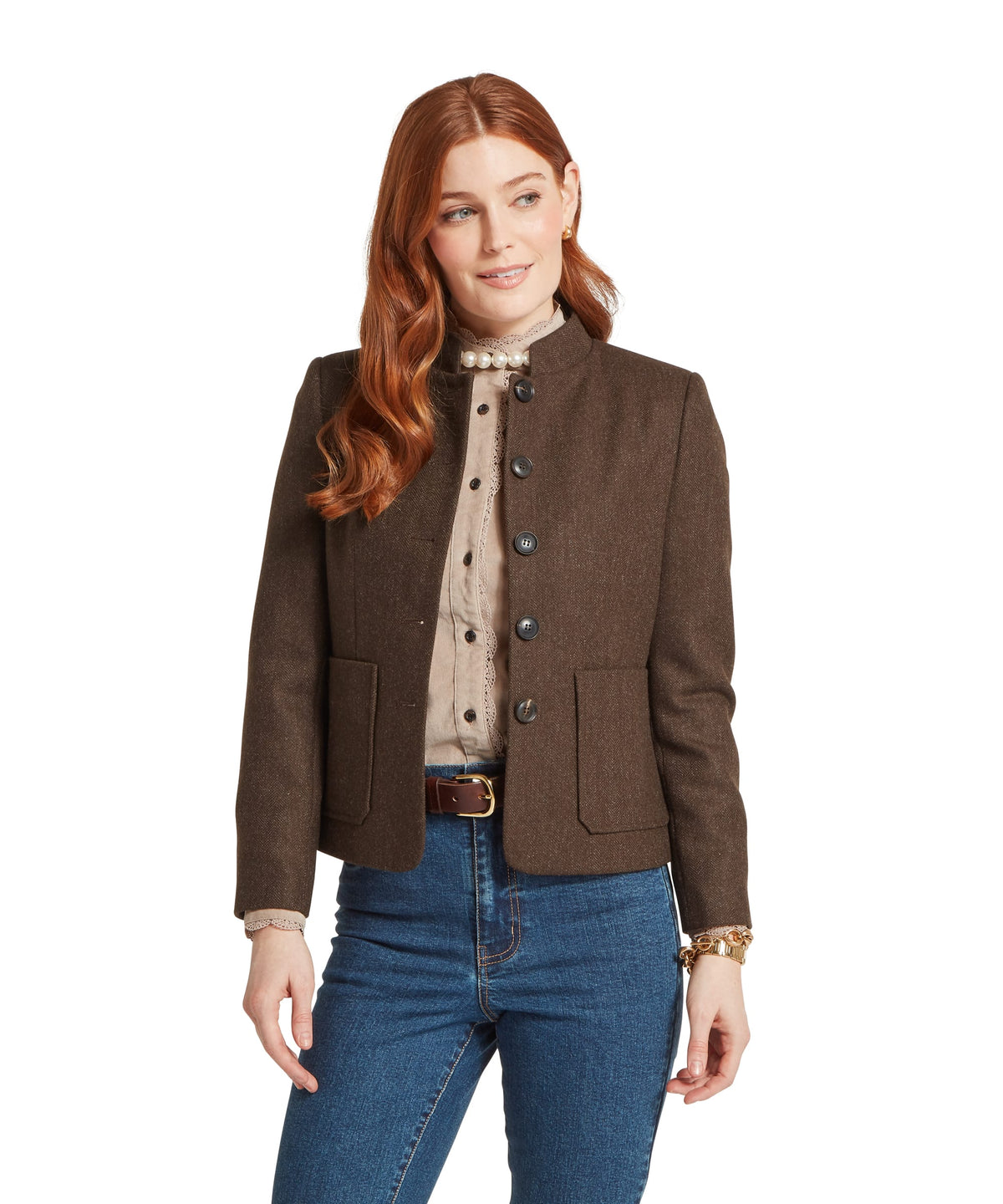 St Abbs tweed blazer in chocolate herringbone wool with dark buttons and flap pockets for classic
