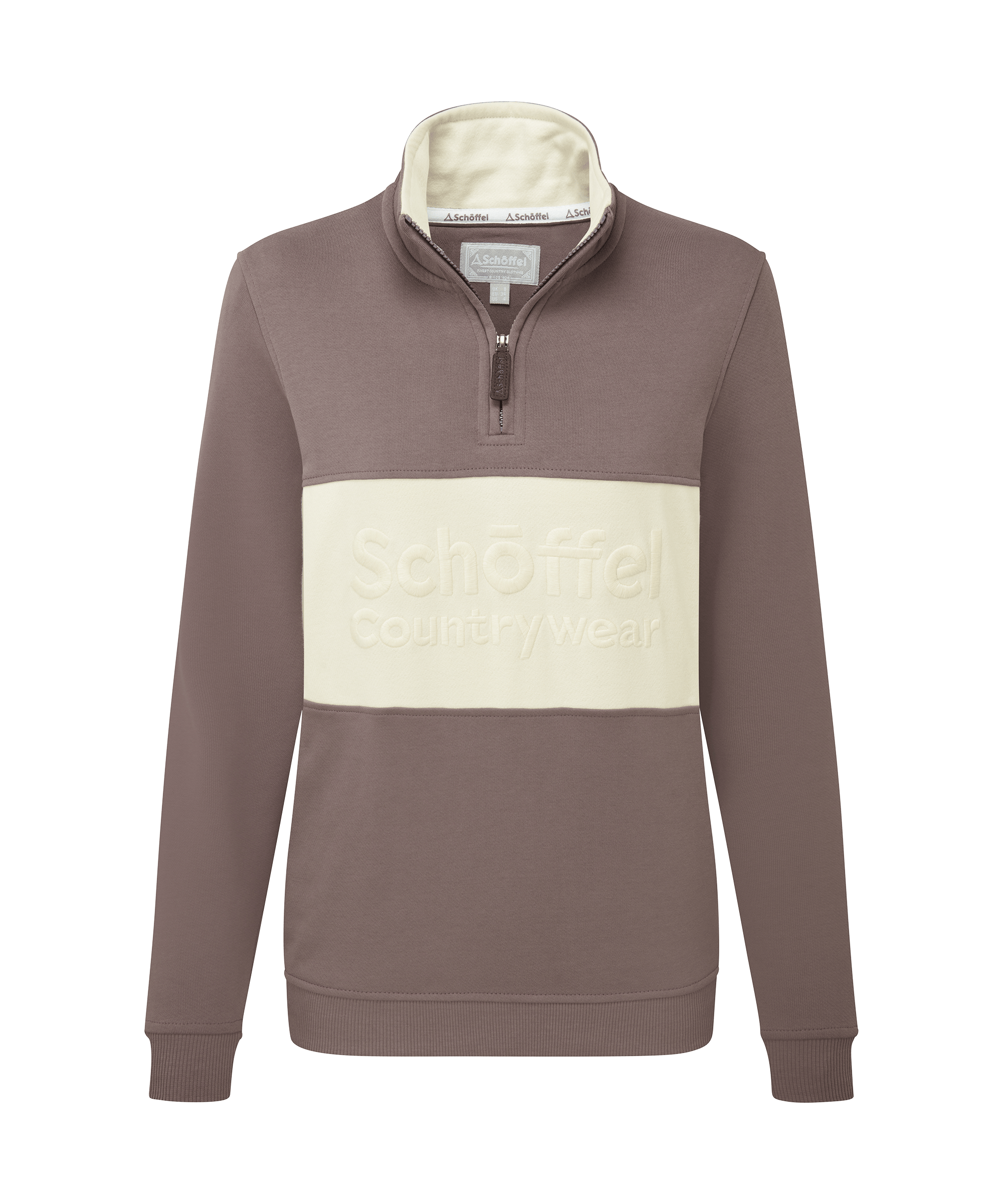 Schoffel brown and beige half-zip sweatshirt with branding on a transparent background