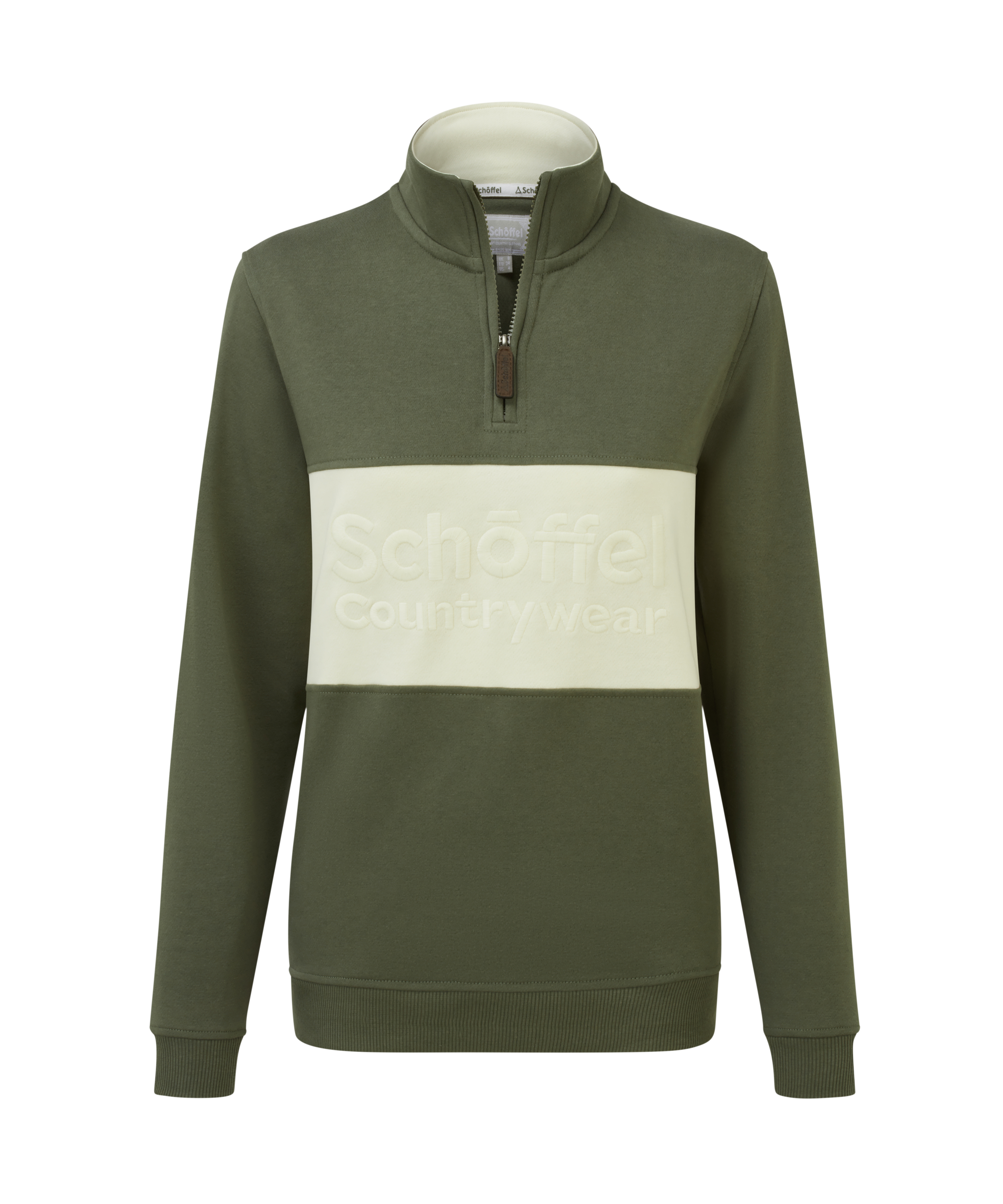 Green and cream quarter-zip sweatshirt on a white background