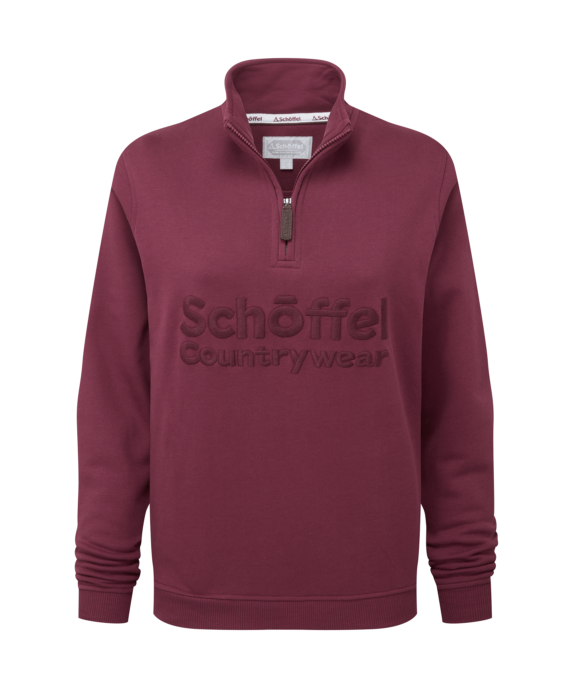 Maroon Schöffel wear quarter zip sweatshirt with textured embossed logo on chest in burgundy color