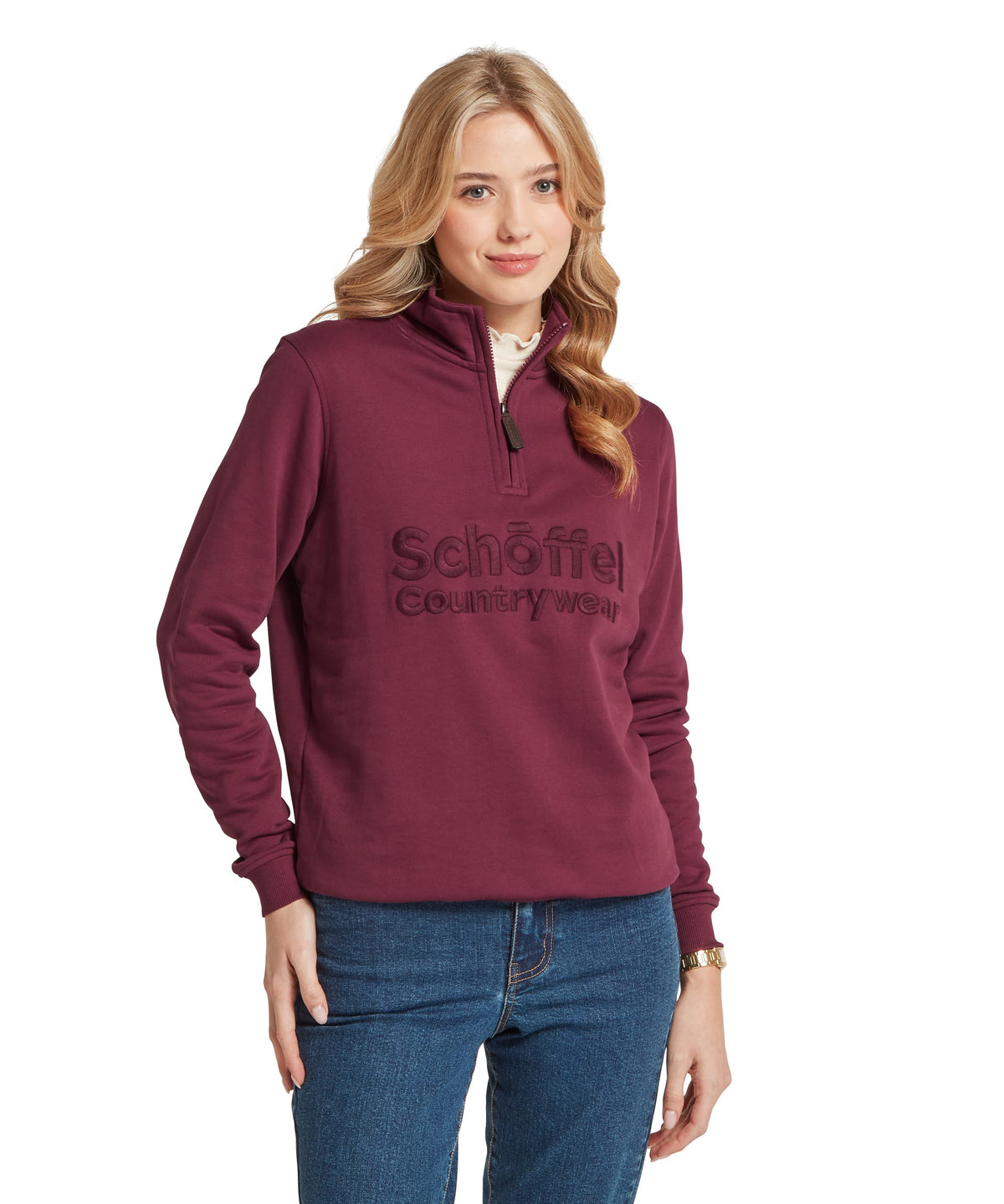 Maroon Schöffel wear st issey quarter-zip sweatshirt with embroidered branding for outdoor use