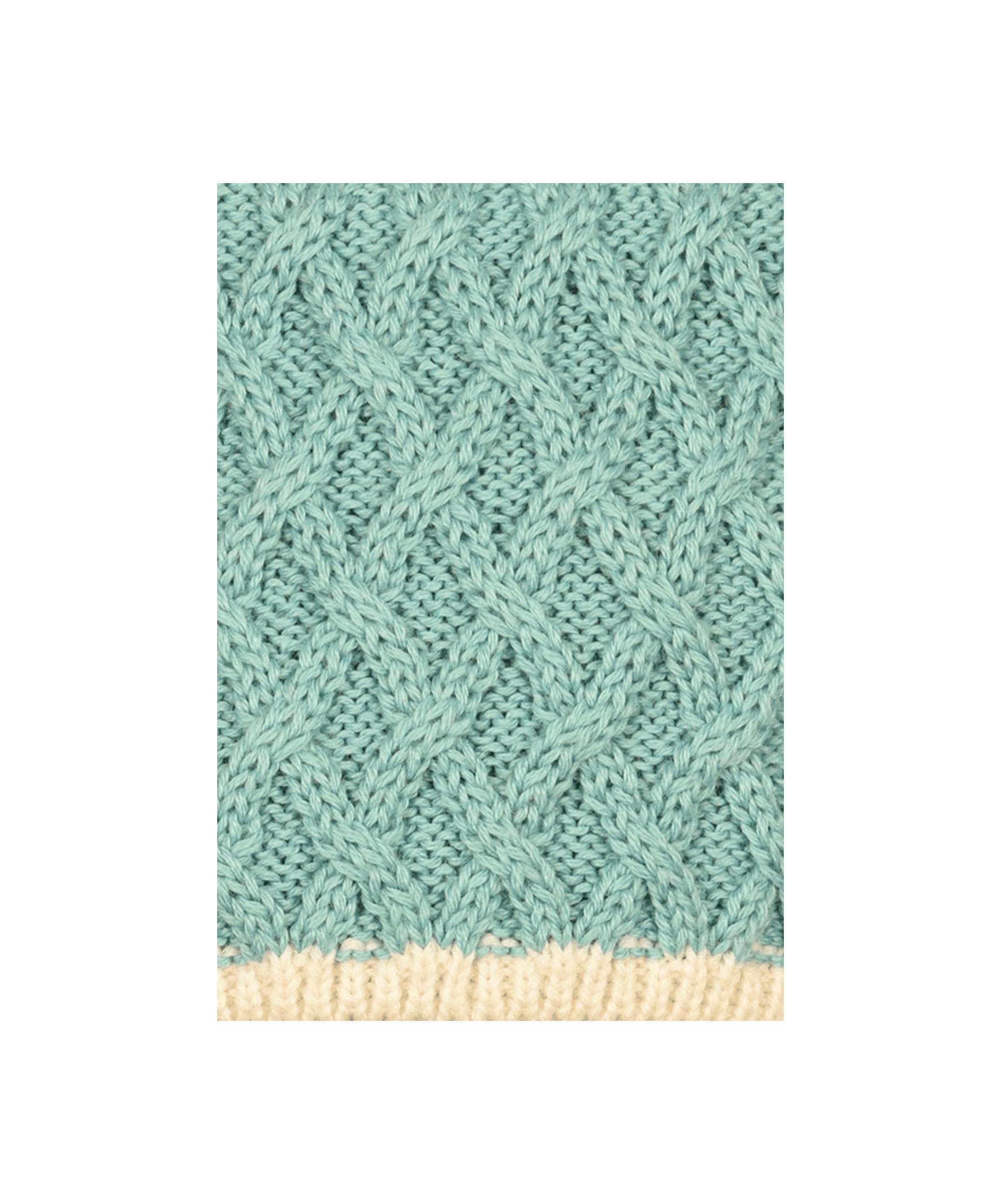 Schöffel Women's Teal Sock in Duck Egg Blue with cable knit pattern and cream contrast welt close-up detail