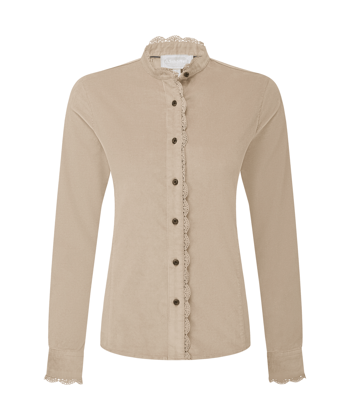 Schöffel Thetford Cord Shirt for women in Beige, cutout image, scalloped lace trim on front placket