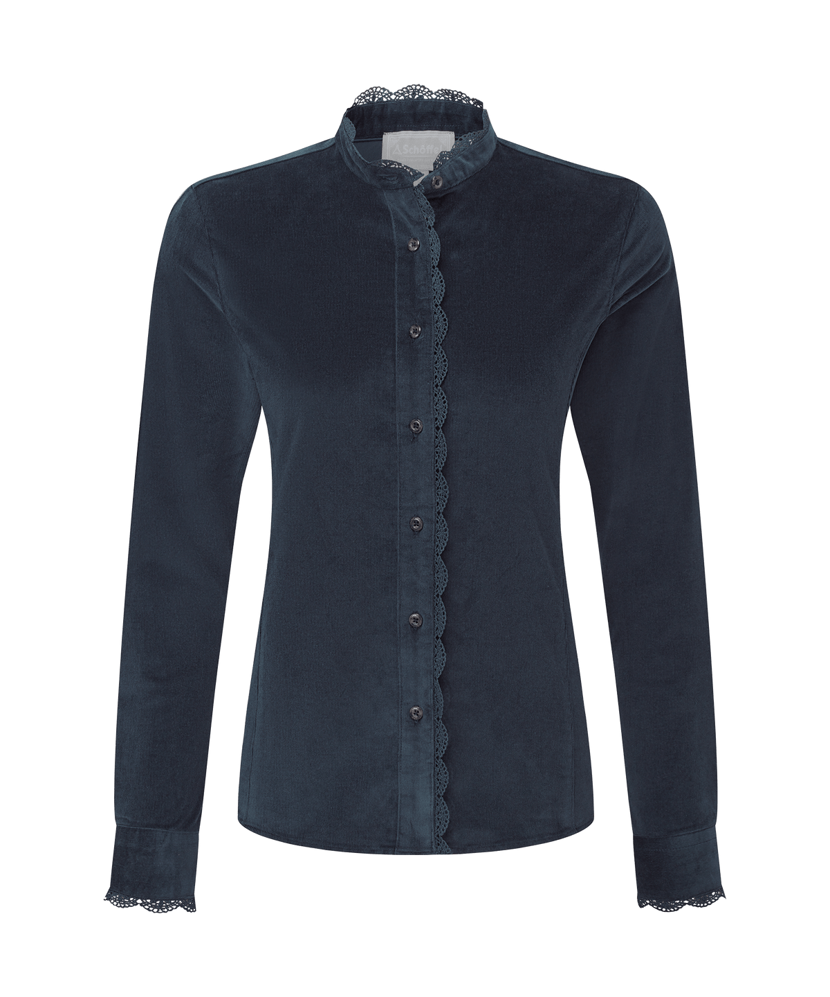 Schöffel Thetford Cord Shirt for women in Blue, cutout image, scalloped lace trim on front placket